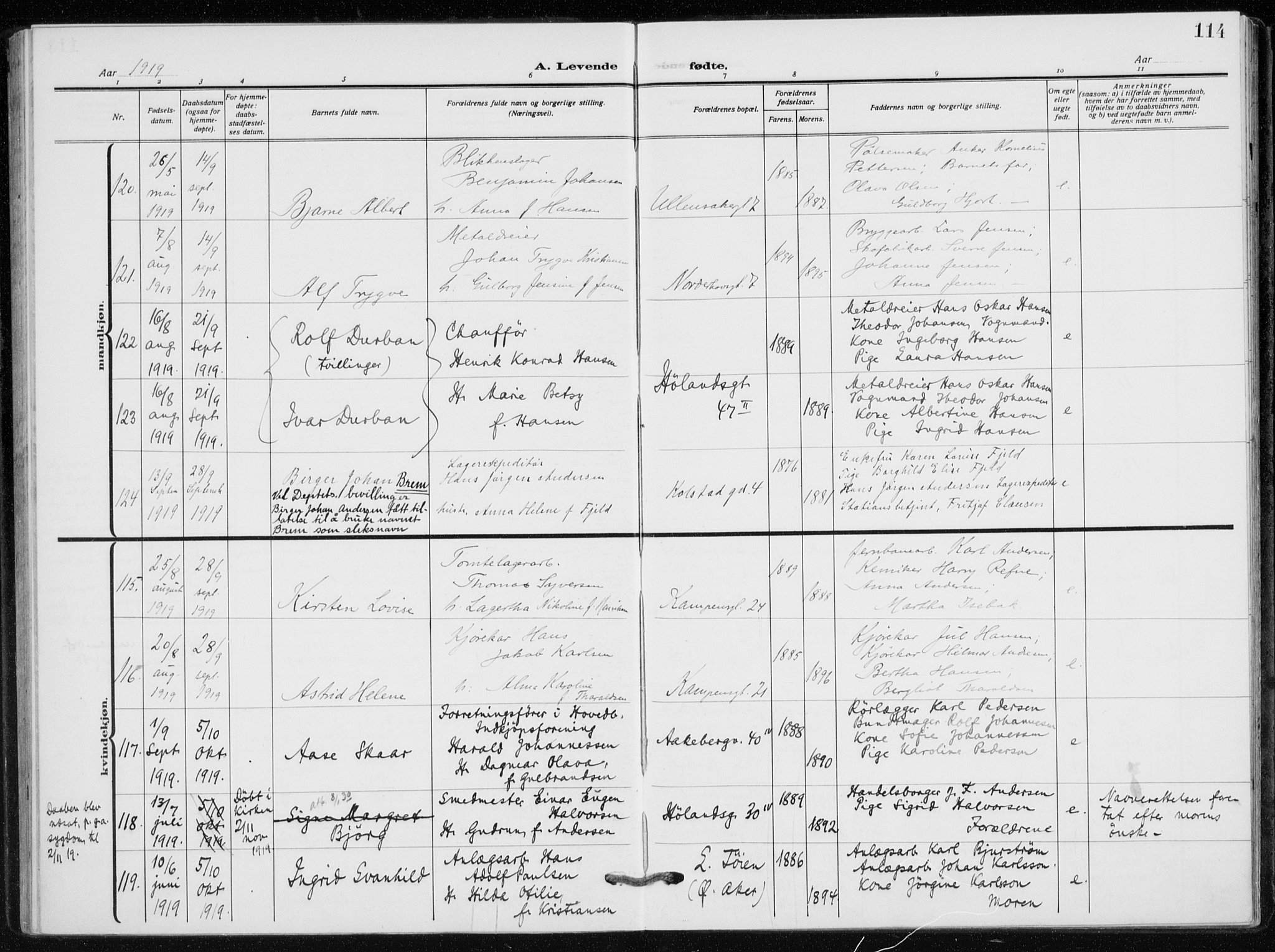 Kampen prestekontor Kirkebøker, AV/SAO-A-10853/F/Fa/L0012: Ministerialbok nr. I 12, 1916-1921, s. 114