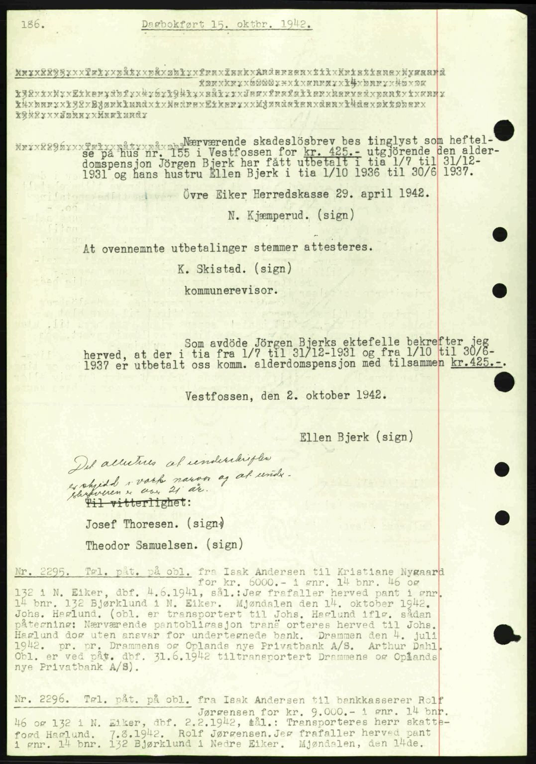 Eiker, Modum og Sigdal sorenskriveri, SAKO/A-123/G/Ga/Gab/L0047: Pantebok nr. A17, 1942-1943, Dagboknr: 2295/1942