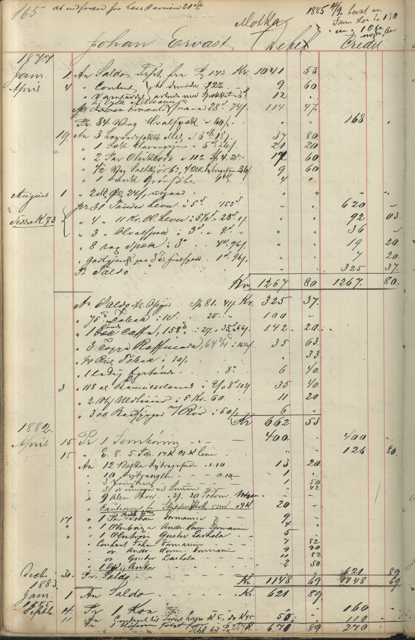 Brodtkorb handel A/S, VAMU/A-0001/F/Fc/L0001/0001: Konto for kvener og nordmenn på Kolahalvøya  / Conto for Kvæner og Nordmænd paa Russefinmarken No 1, 1868-1894, s. 165