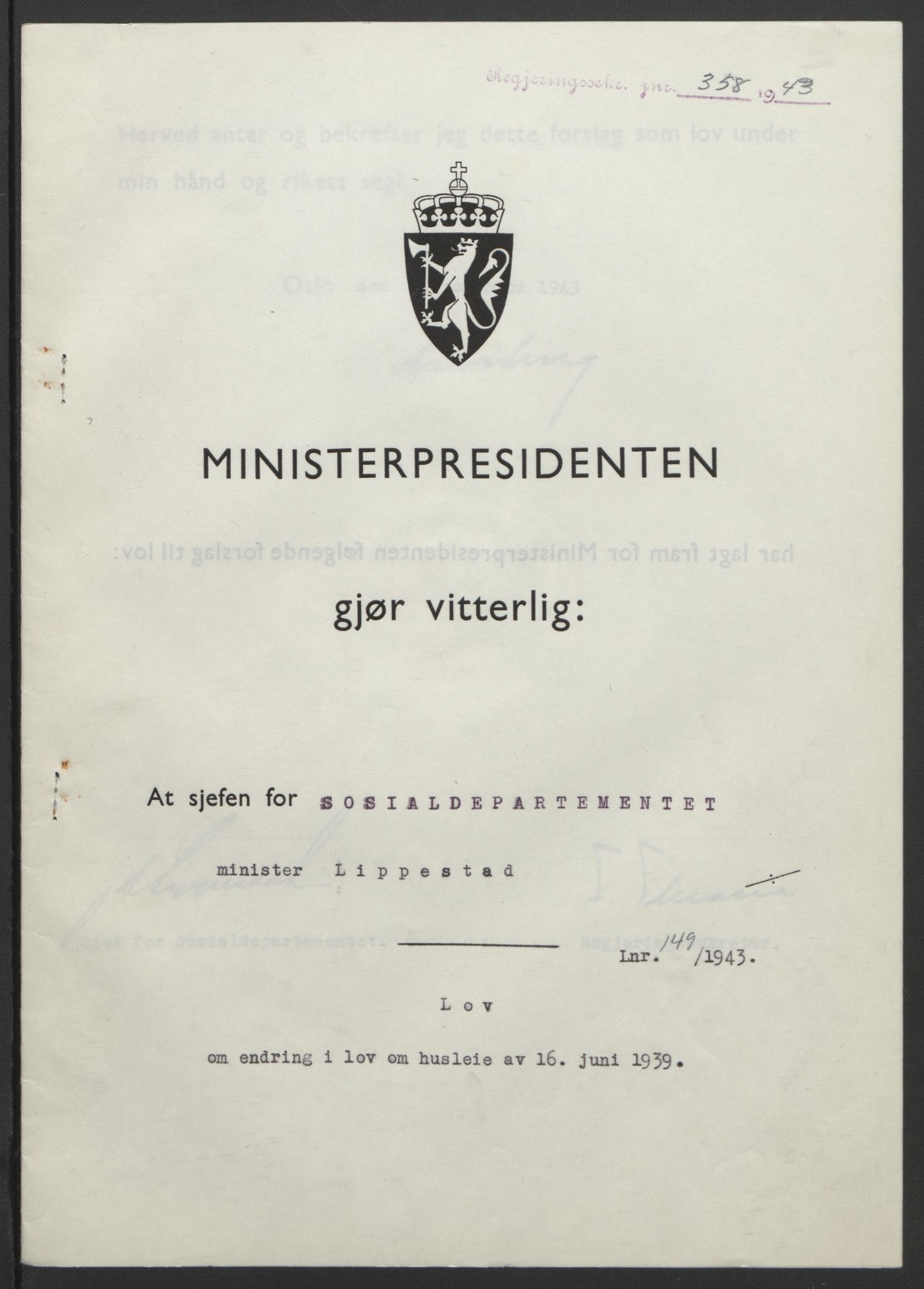 NS-administrasjonen 1940-1945 (Statsrådsekretariatet, de kommisariske statsråder mm), AV/RA-S-4279/D/Db/L0099: Lover, 1943, s. 696