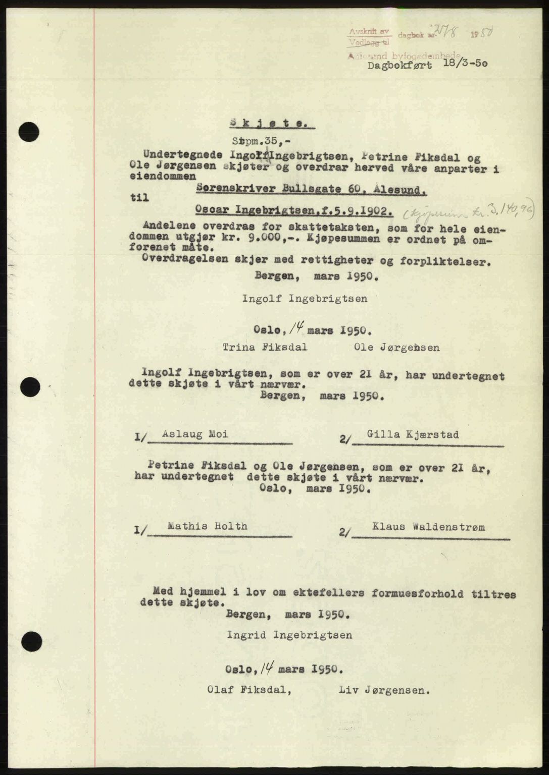 Ålesund byfogd, AV/SAT-A-4384: Pantebok nr. 37A (2), 1949-1950, Dagboknr: 278/1950