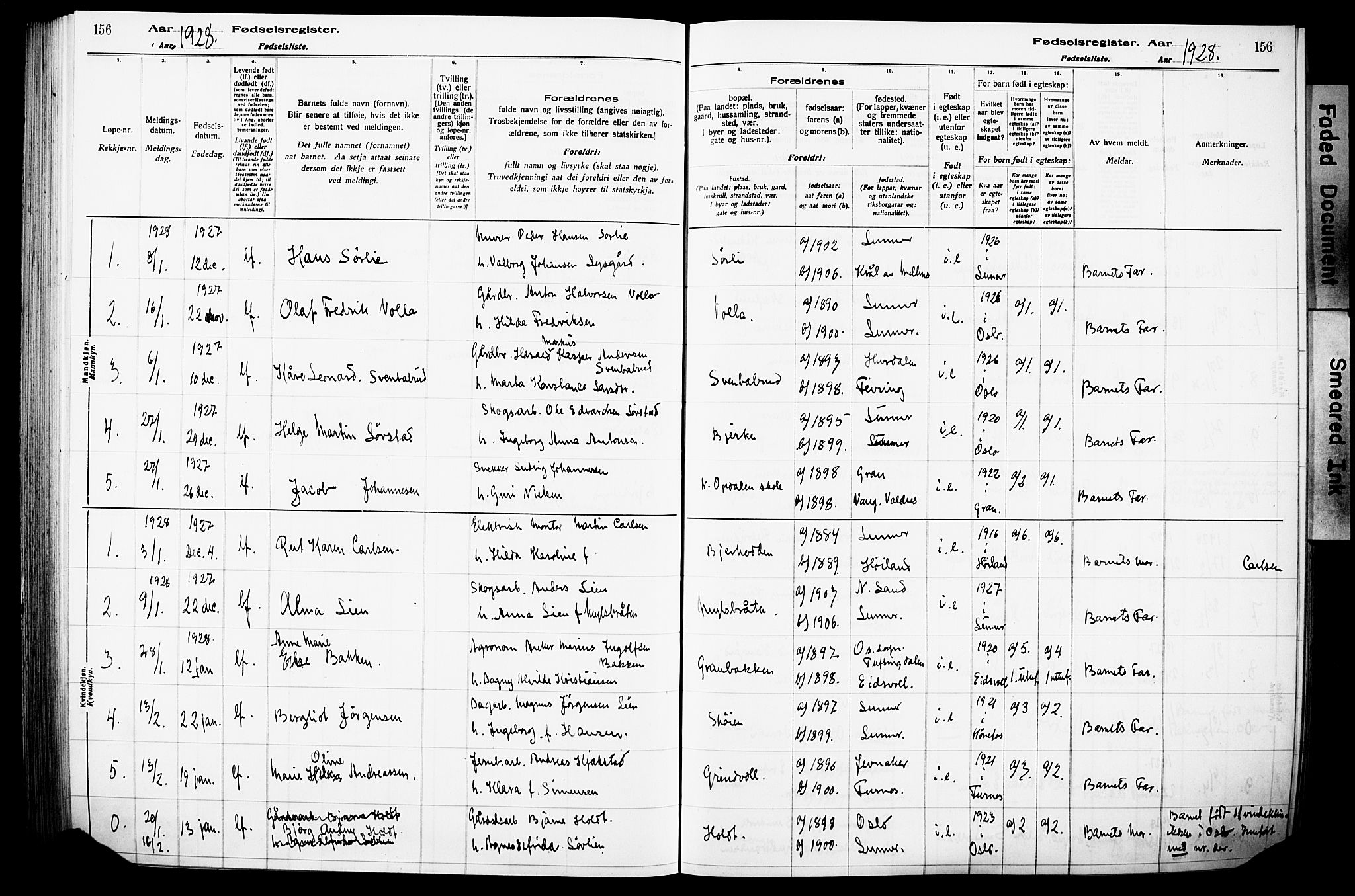 Lunner prestekontor, AV/SAH-PREST-118/I/Id/L0001: Fødselsregister nr. 1, 1916-1932, s. 156