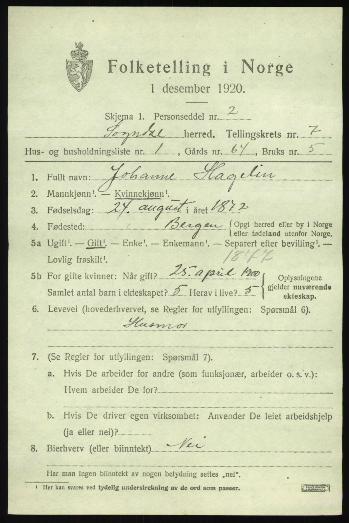 SAB, Folketelling 1920 for 1420 Sogndal herred, 1920, s. 3389