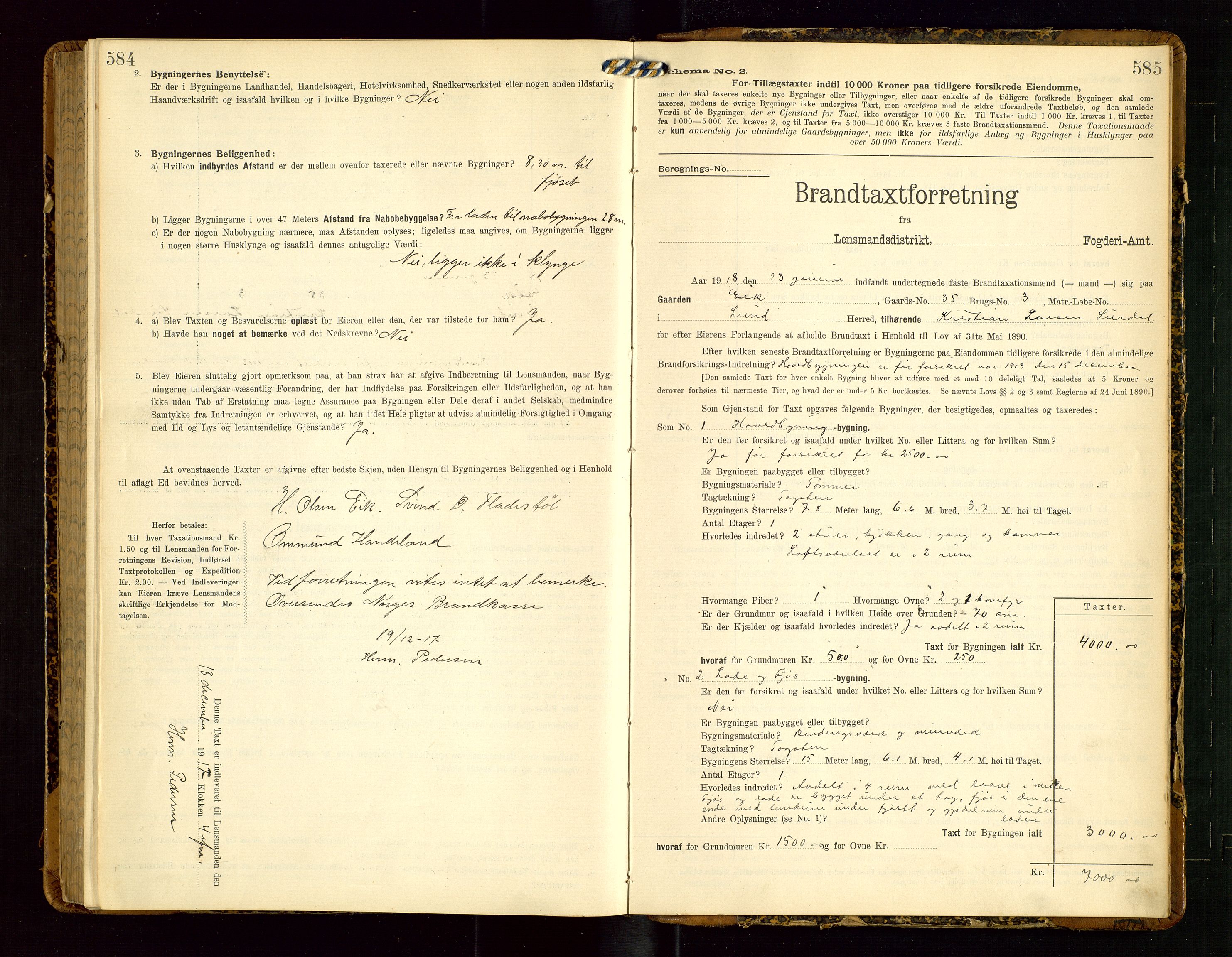 Lund lensmannskontor, SAST/A-100303/Gob/L0002: "Brandtakstprotokol", 1908-1918, s. 584-585