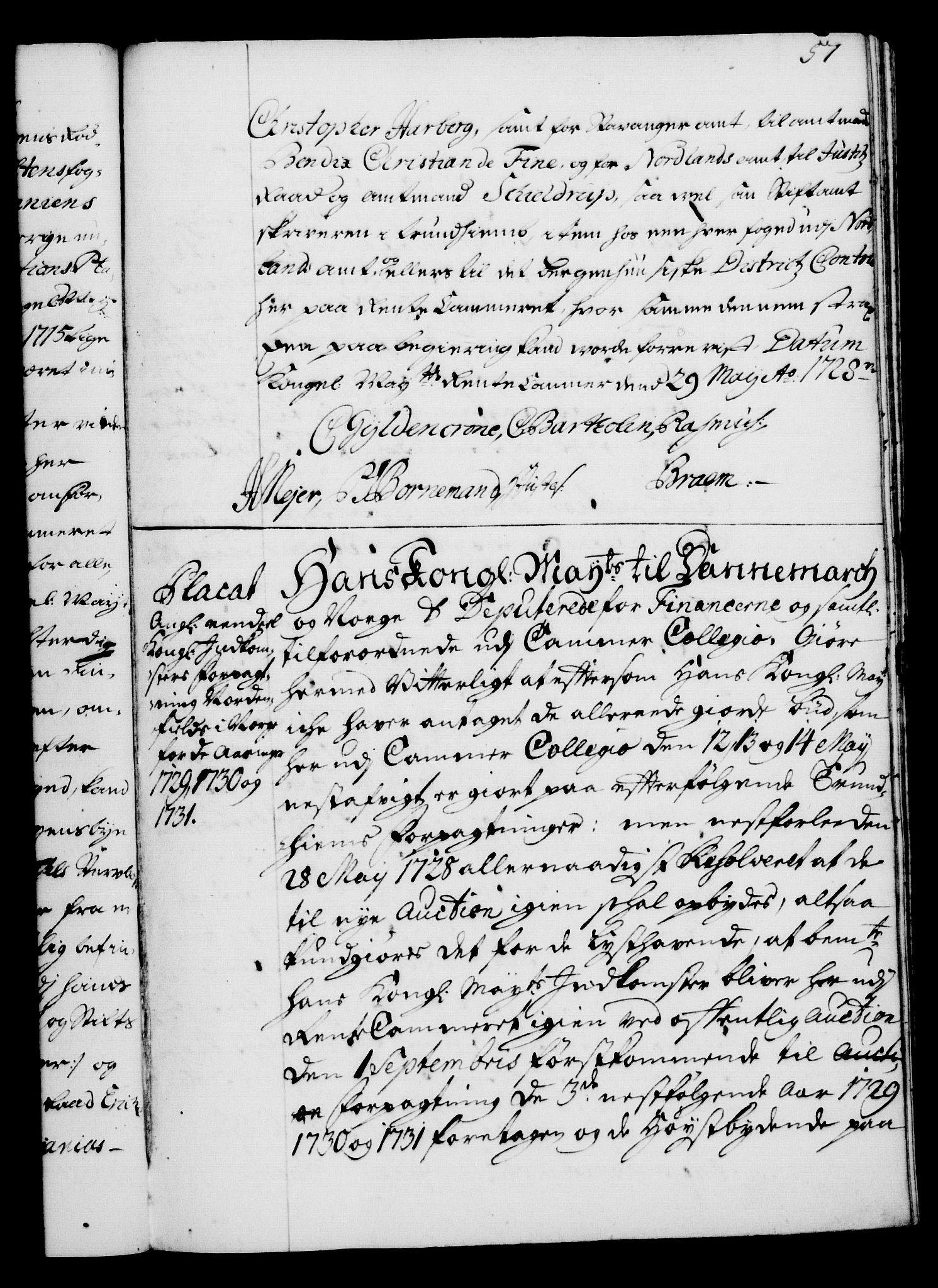 Rentekammeret, Kammerkanselliet, RA/EA-3111/G/Gg/Gga/L0003: Norsk ekspedisjonsprotokoll med register (merket RK 53.3), 1727-1734, s. 57