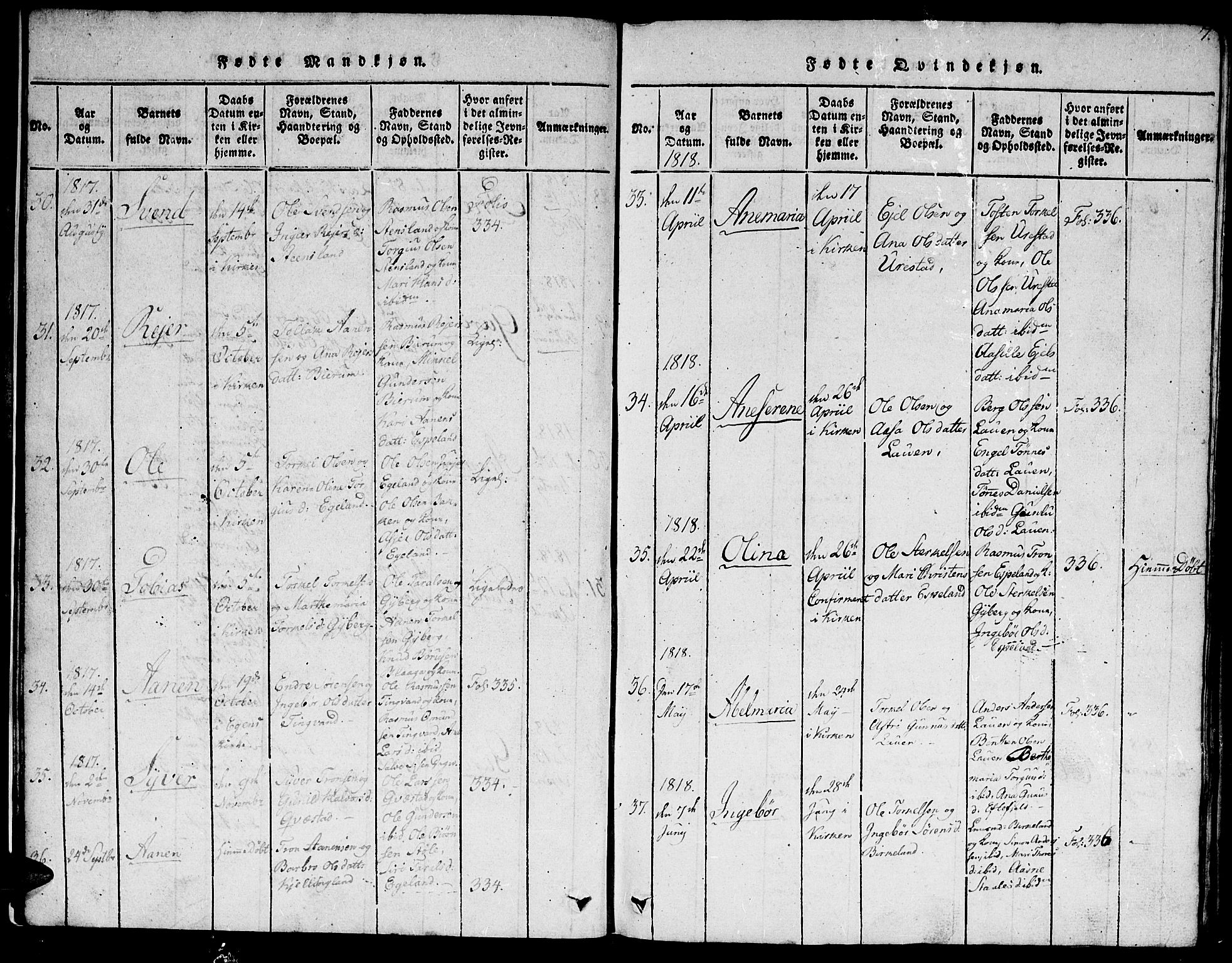 Hægebostad sokneprestkontor, AV/SAK-1111-0024/F/Fb/Fba/L0001: Klokkerbok nr. B 1, 1815-1844, s. 7