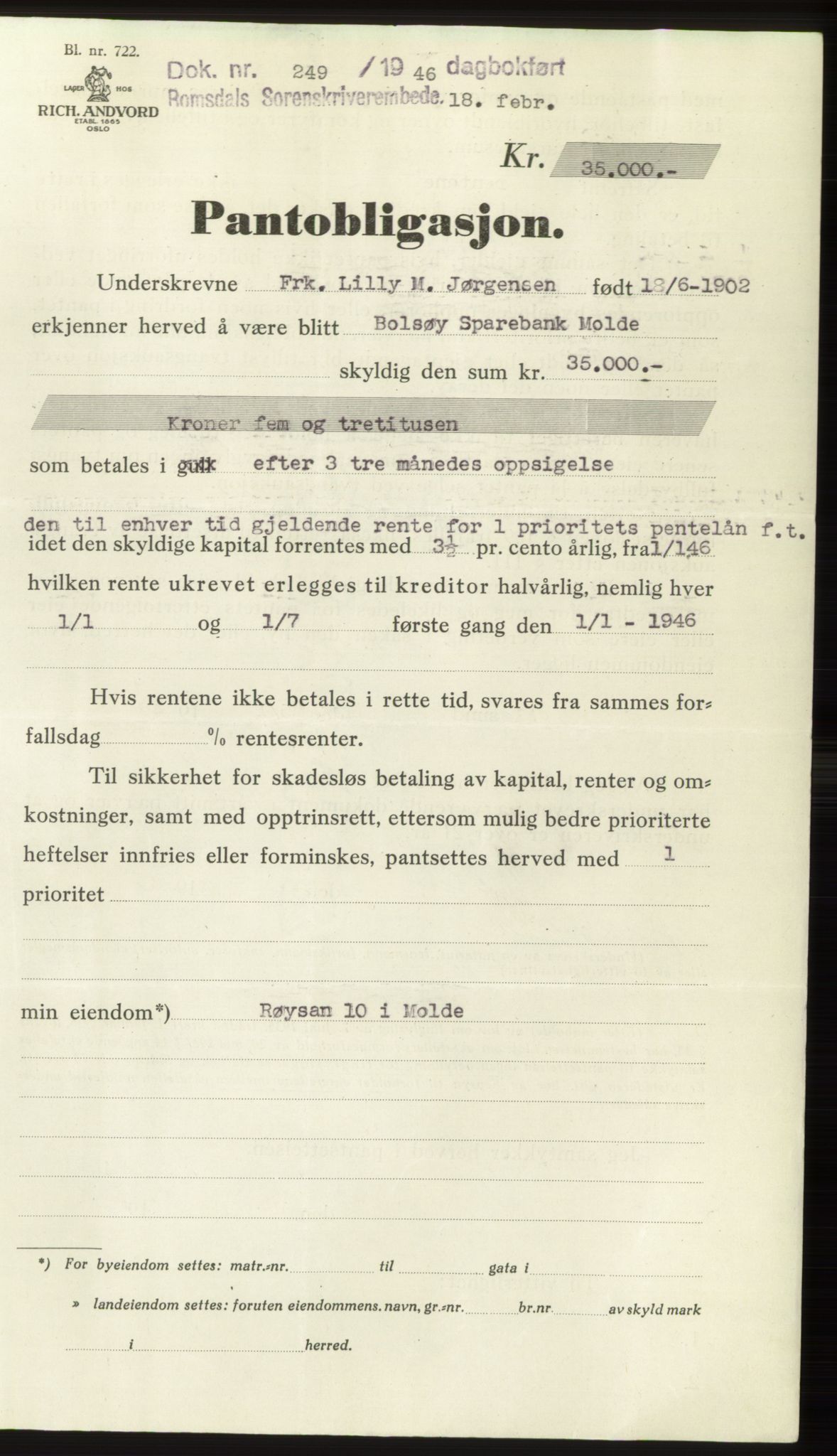 Romsdal sorenskriveri, SAT/A-4149/1/2/2C: Pantebok nr. B3, 1946-1948, Dagboknr: 249/1946