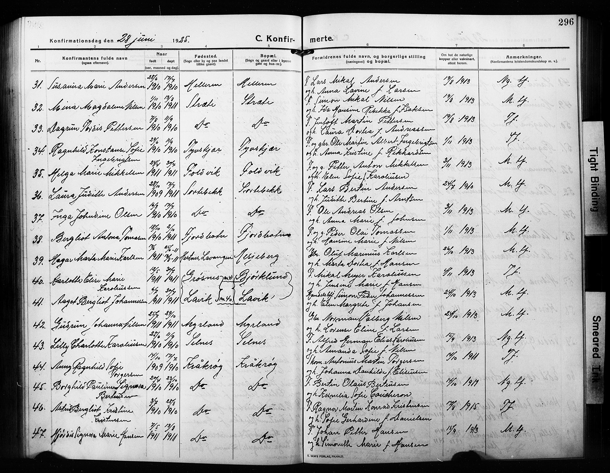 Ibestad sokneprestembete, AV/SATØ-S-0077/H/Ha/Hab/L0010klokker: Klokkerbok nr. 10, 1915-1929, s. 296