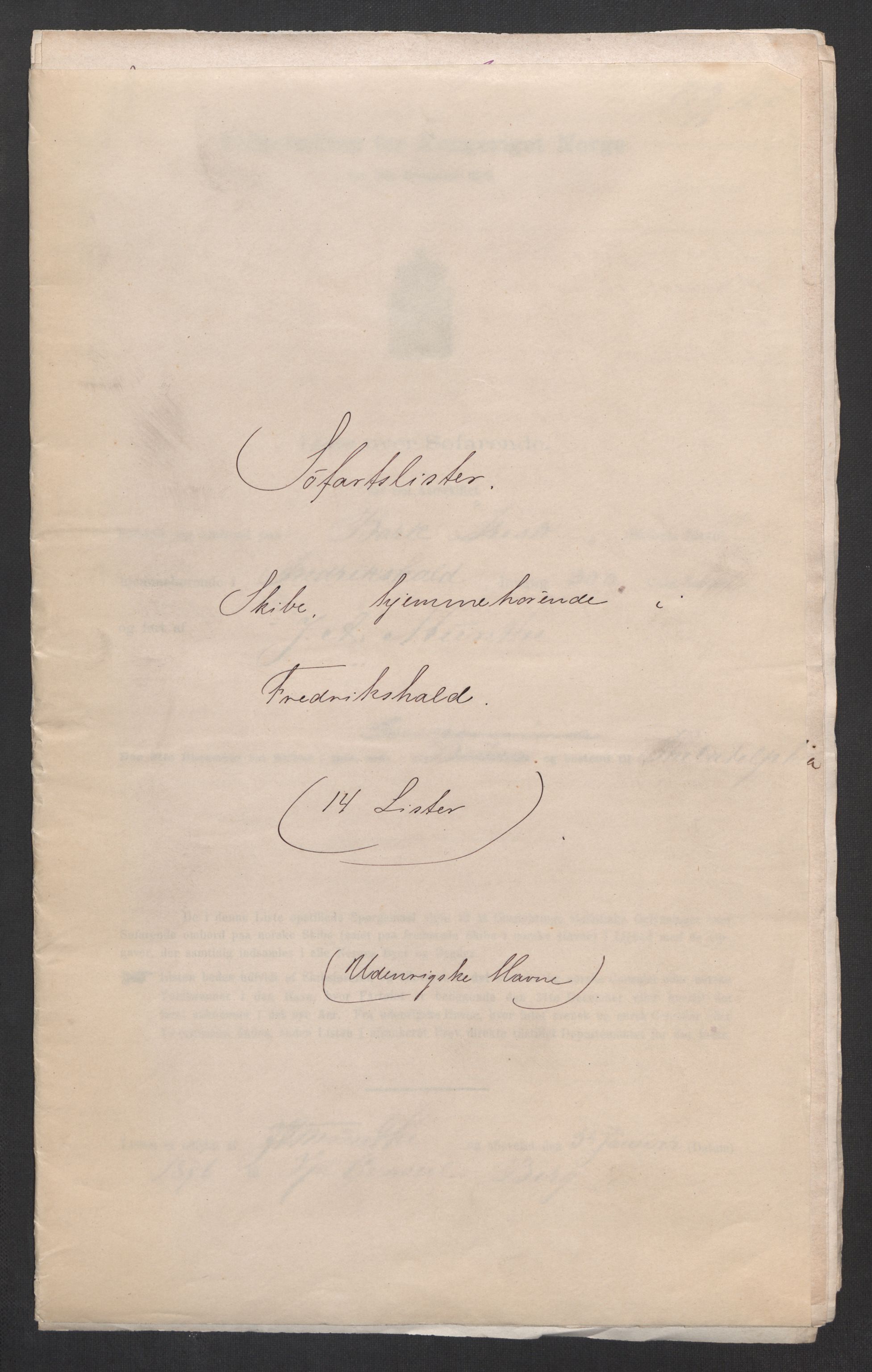 RA, Folketelling 1875, skipslister: Skip i utenrikske havner, hjemmehørende i byer og ladesteder, Fredrikshald - Arendal, 1875, s. 1