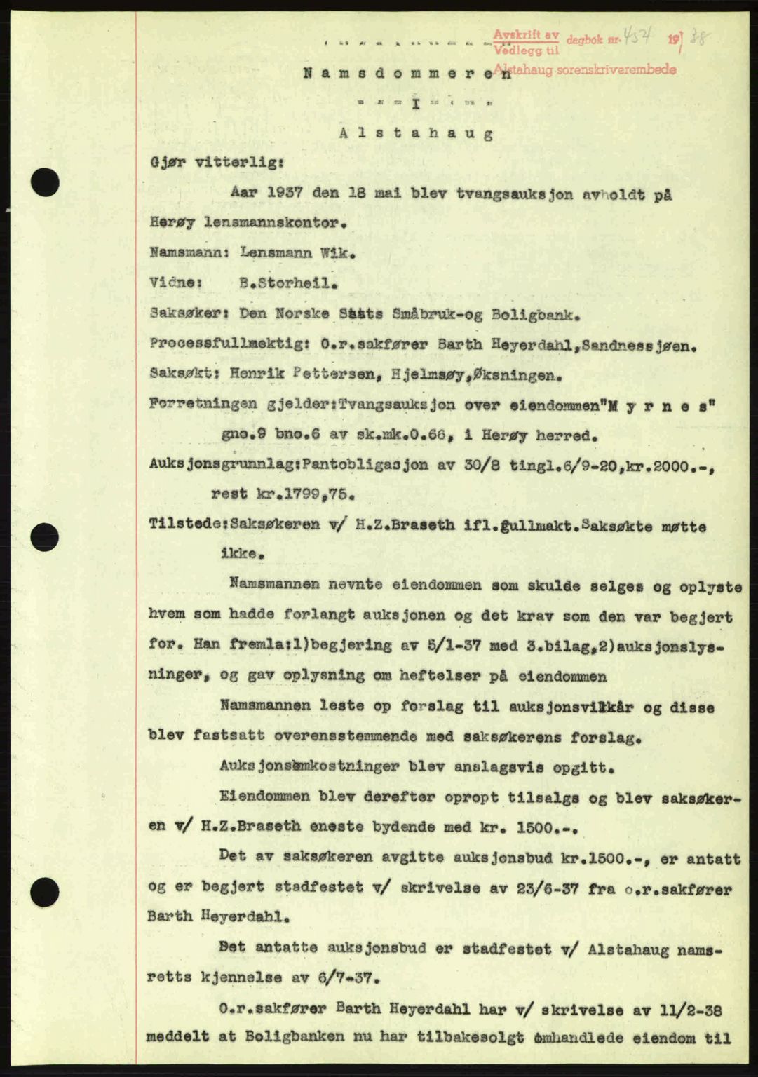 Alstahaug sorenskriveri, SAT/A-1009: Pantebok nr. A3, 1937-1938, Dagboknr: 454/1938