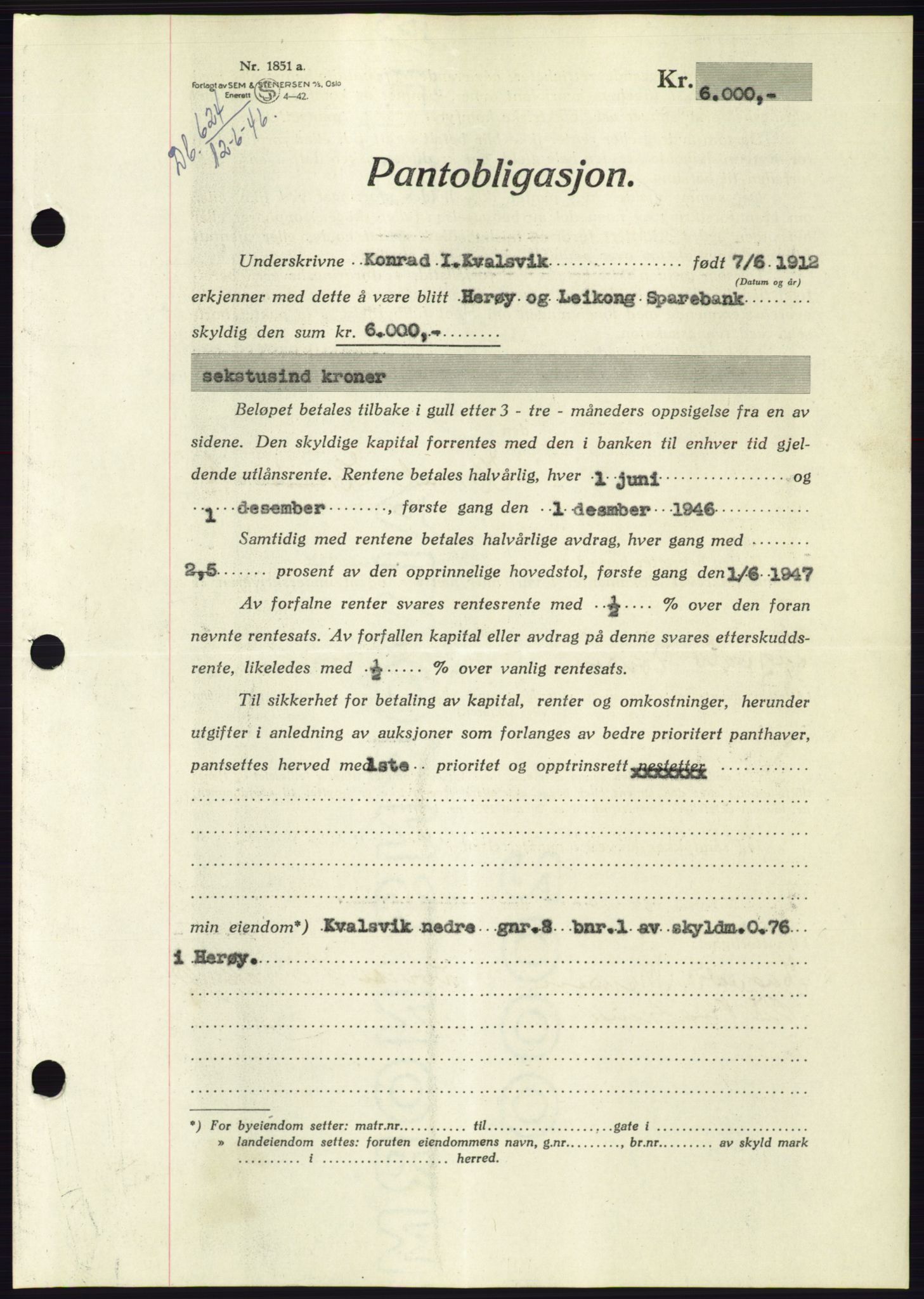 Søre Sunnmøre sorenskriveri, AV/SAT-A-4122/1/2/2C/L0114: Pantebok nr. 1-2B, 1943-1947, Dagboknr: 624/1946