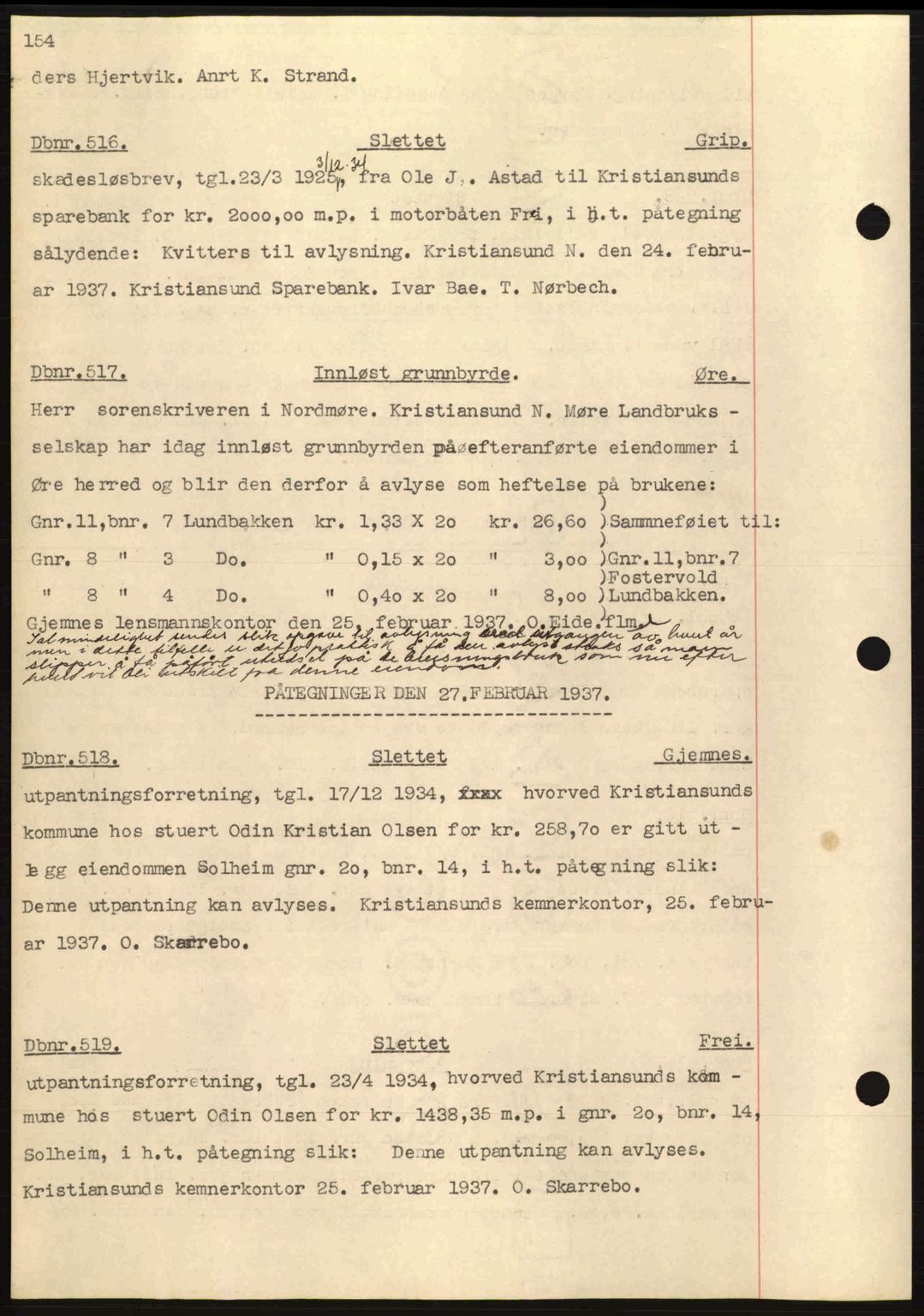 Nordmøre sorenskriveri, SAT/A-4132/1/2/2Ca: Pantebok nr. C80, 1936-1939, Dagboknr: 516/1937