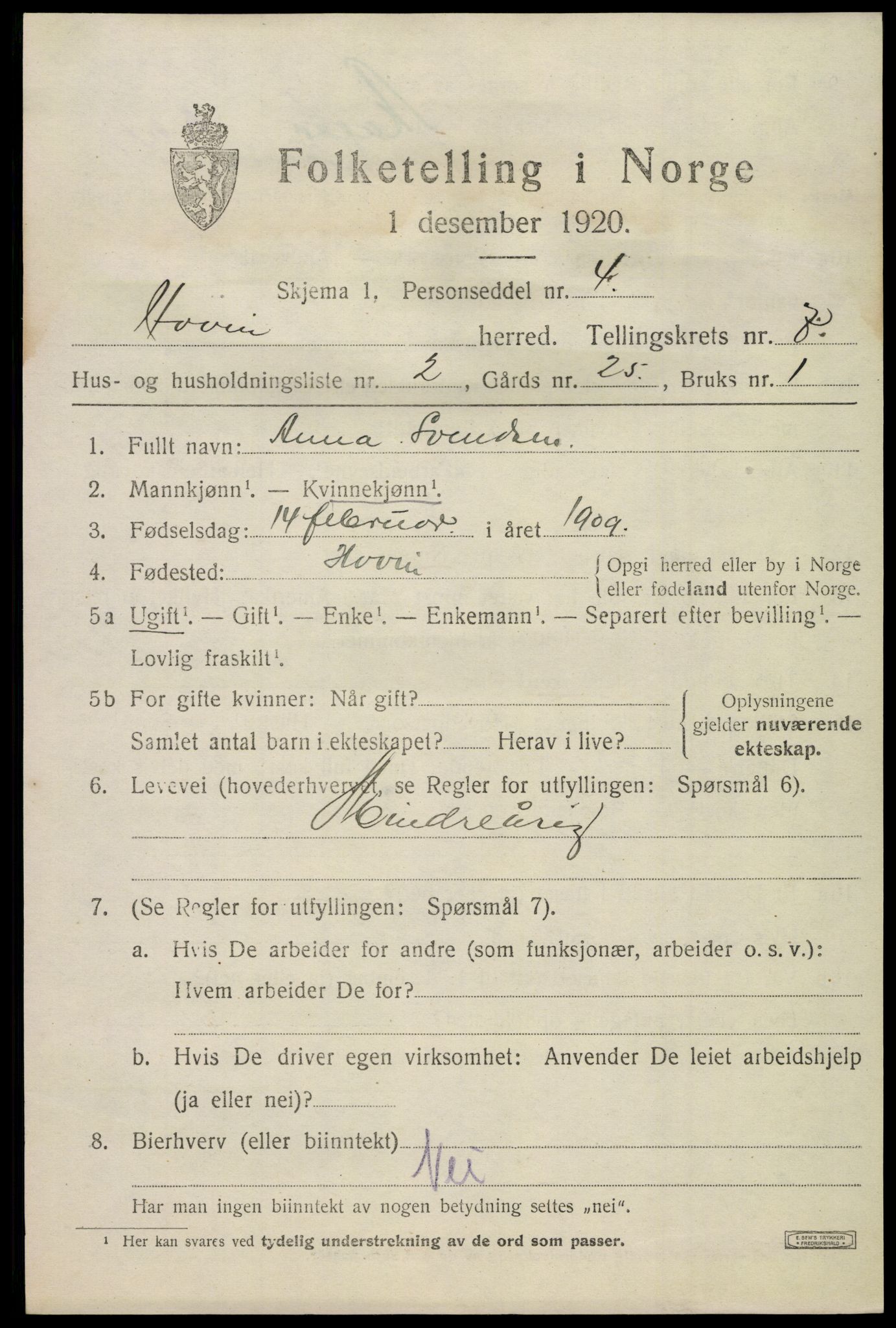 SAKO, Folketelling 1920 for 0825 Hovin herred, 1920, s. 1711