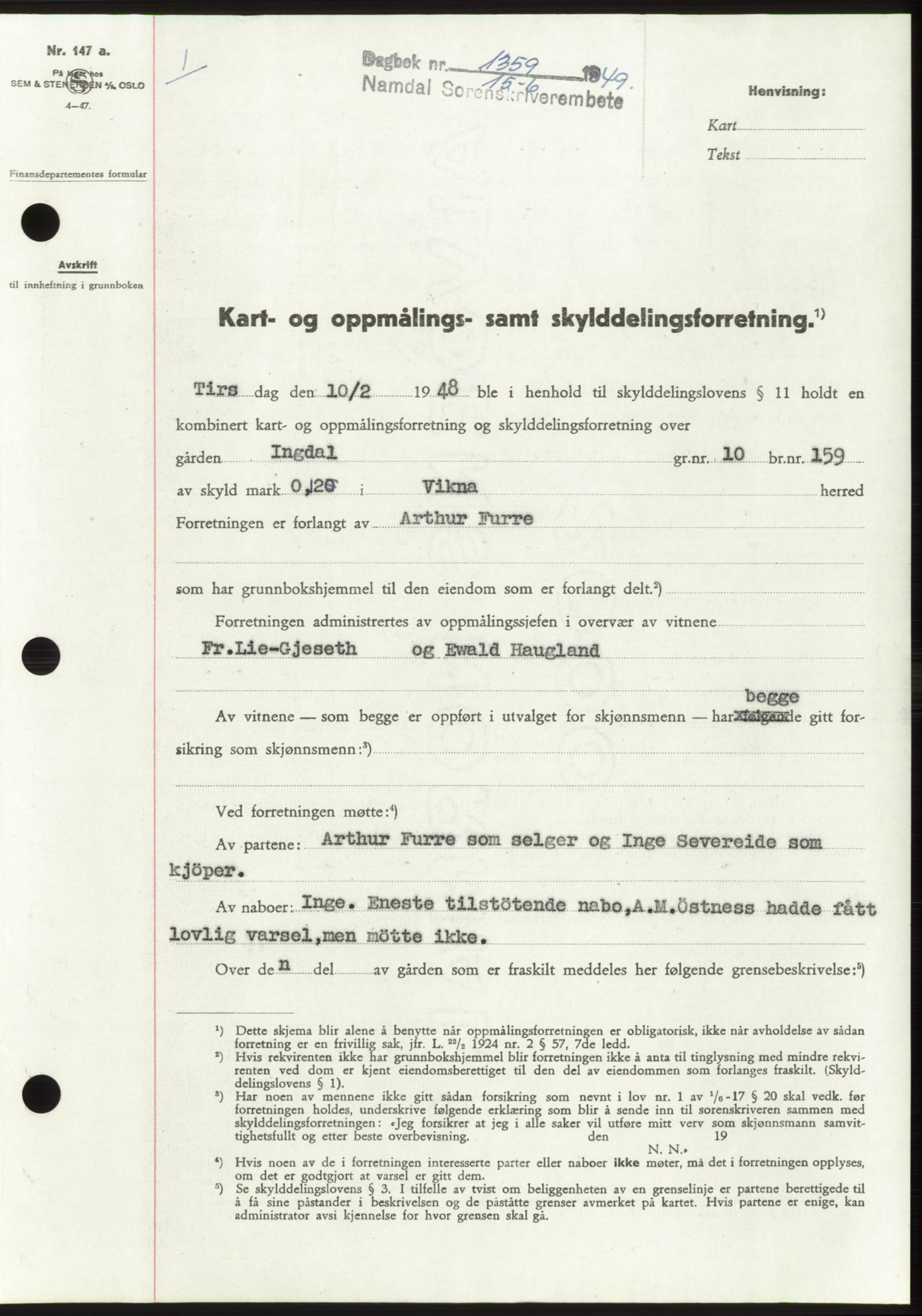 Namdal sorenskriveri, SAT/A-4133/1/2/2C: Pantebok nr. -, 1949-1949, Dagboknr: 1359/1949