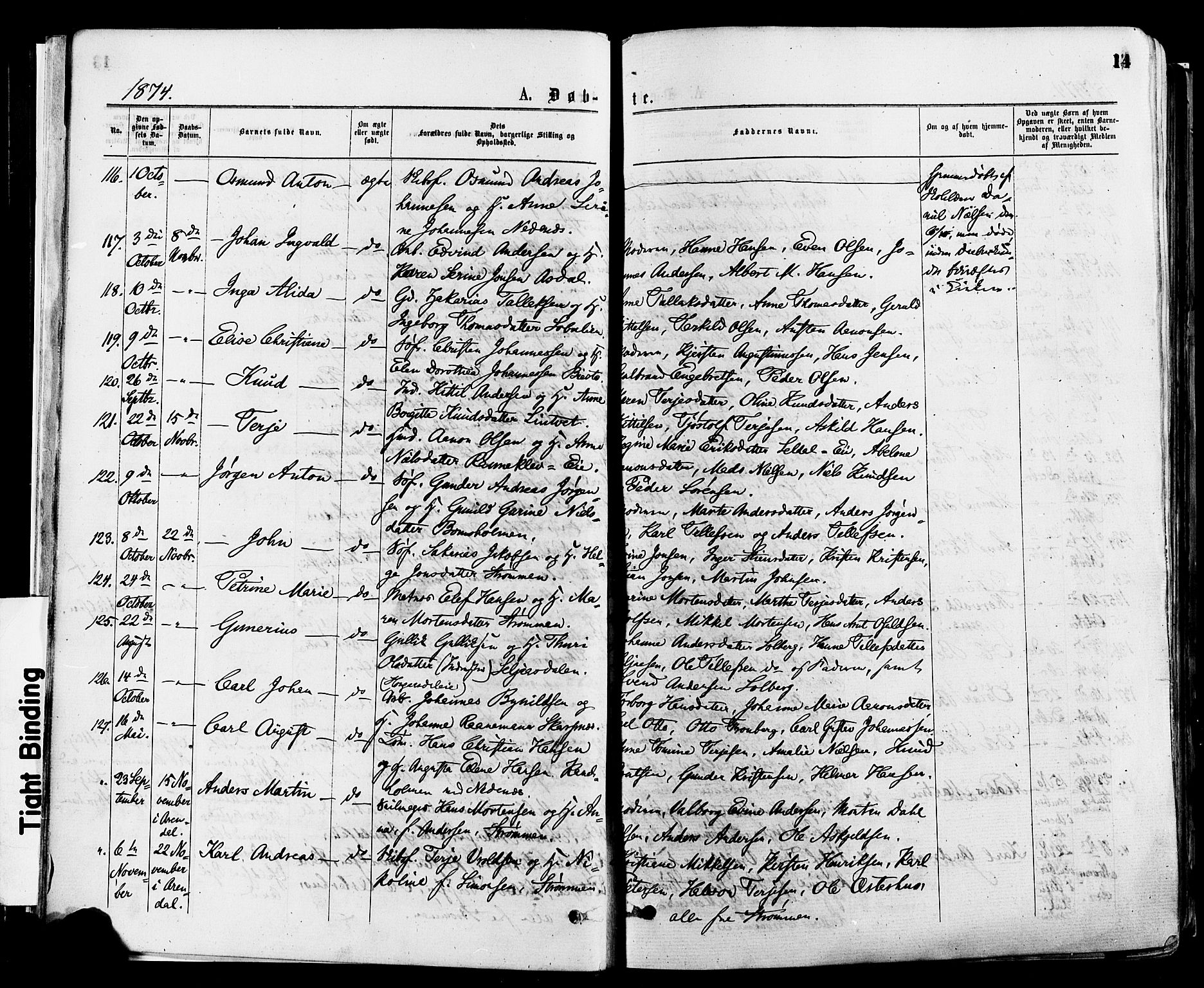 Øyestad sokneprestkontor, AV/SAK-1111-0049/F/Fa/L0016: Ministerialbok nr. A 16, 1874-1886, s. 14