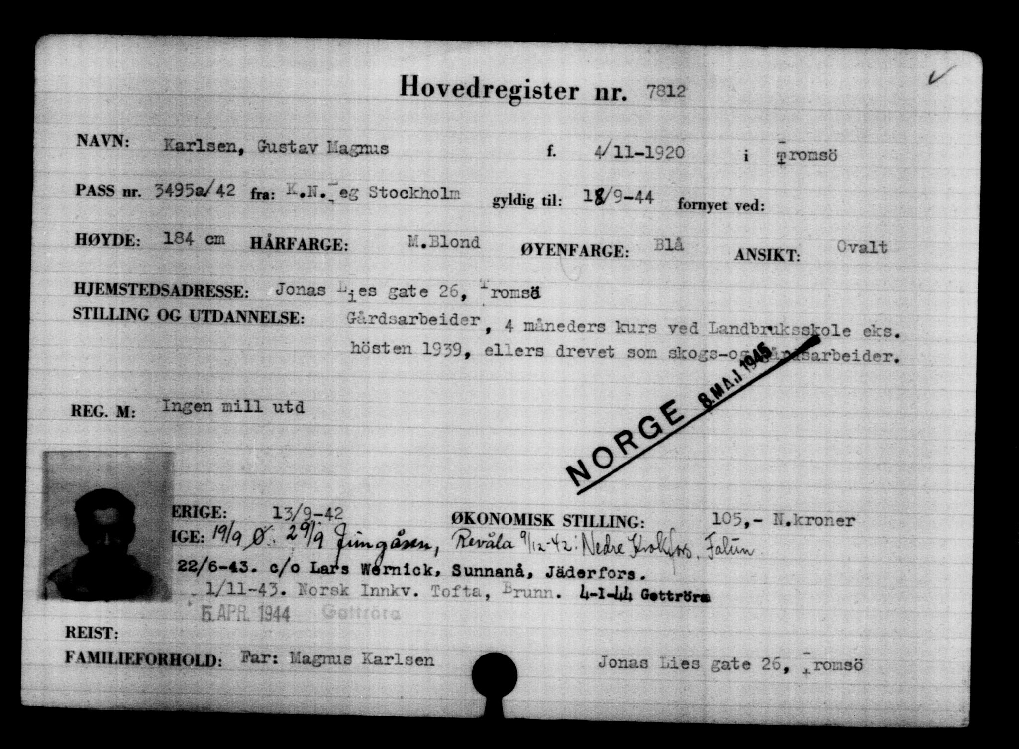 Utenriksstasjonene, Legasjonen i Stockholm, Flyktningkontoret, AV/RA-S-6753/V/Va/L0005: Kjesäterkartoteket, flyktninger med registreringsnr. 6600-9417, 1940-1945, s. 1421