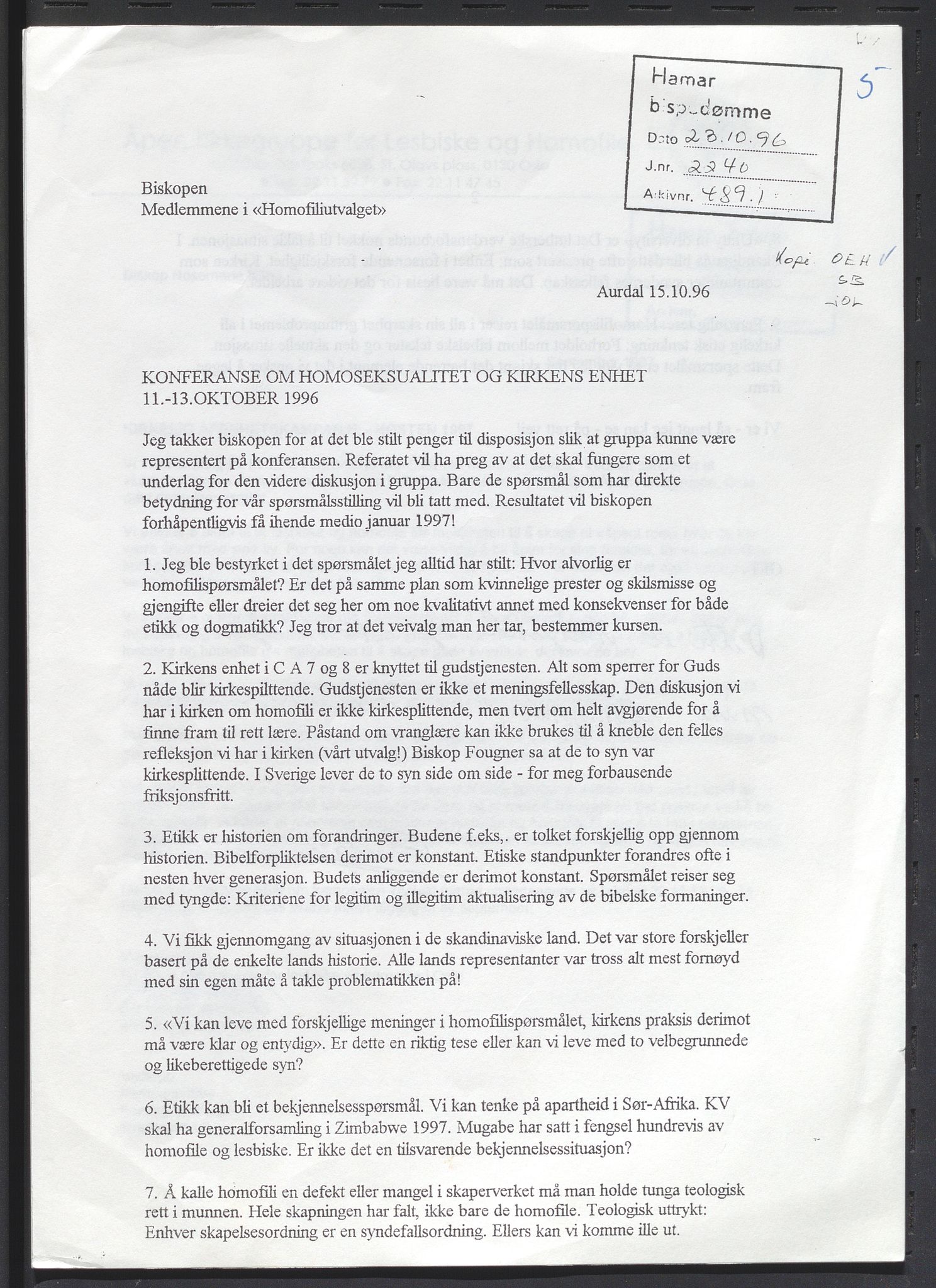 Hamar bispedømmeråd, SAH/BISPEDØMRÅD-002/D/Da/L0051: Sakarkiv ordnet etter arkivnøkkel, 1990-1998, s. 131