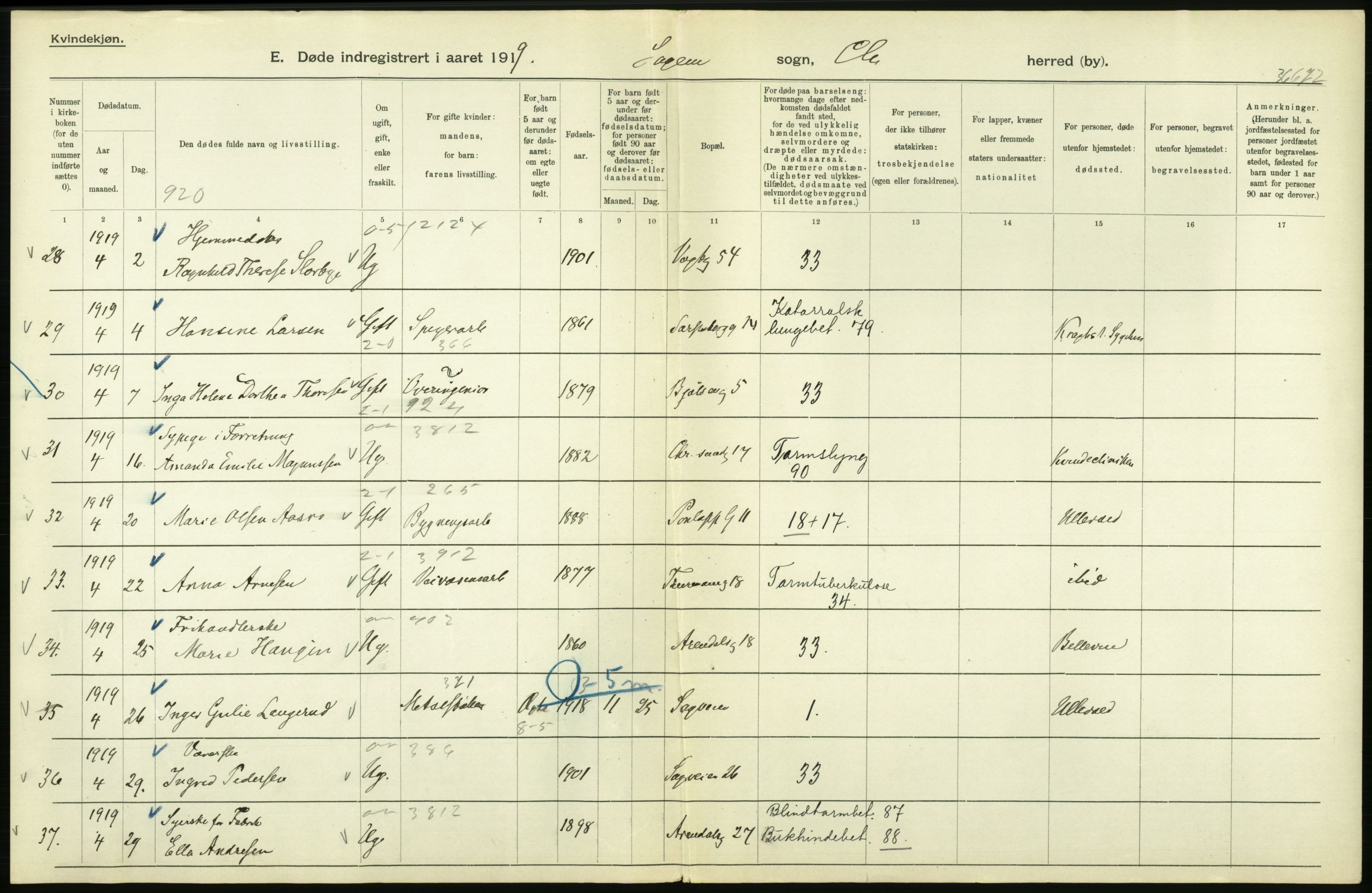 Statistisk sentralbyrå, Sosiodemografiske emner, Befolkning, RA/S-2228/D/Df/Dfb/Dfbi/L0010: Kristiania: Døde, 1919, s. 150