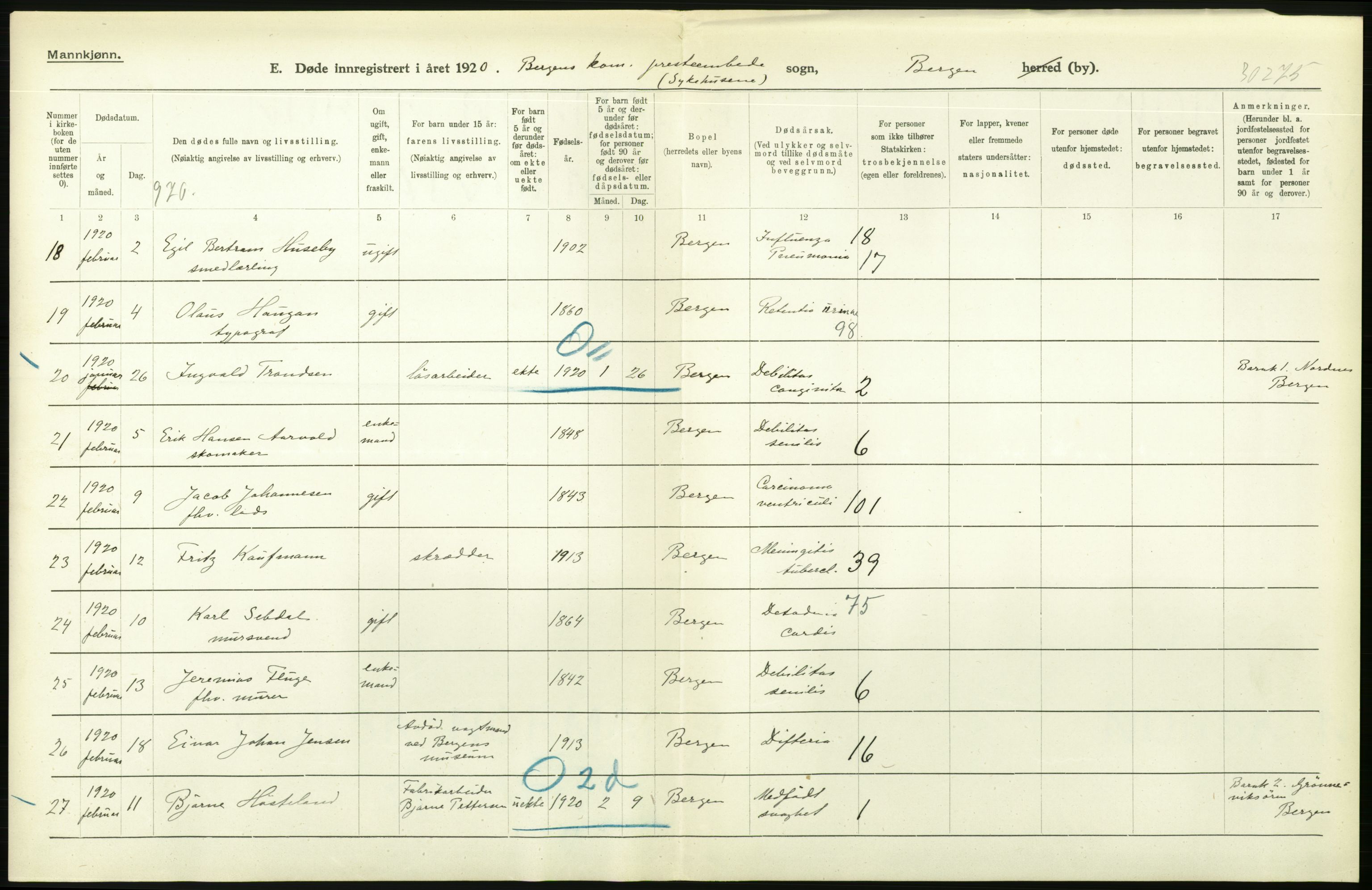 Statistisk sentralbyrå, Sosiodemografiske emner, Befolkning, AV/RA-S-2228/D/Df/Dfb/Dfbj/L0042: Bergen: Gifte, døde, dødfødte., 1920, s. 342