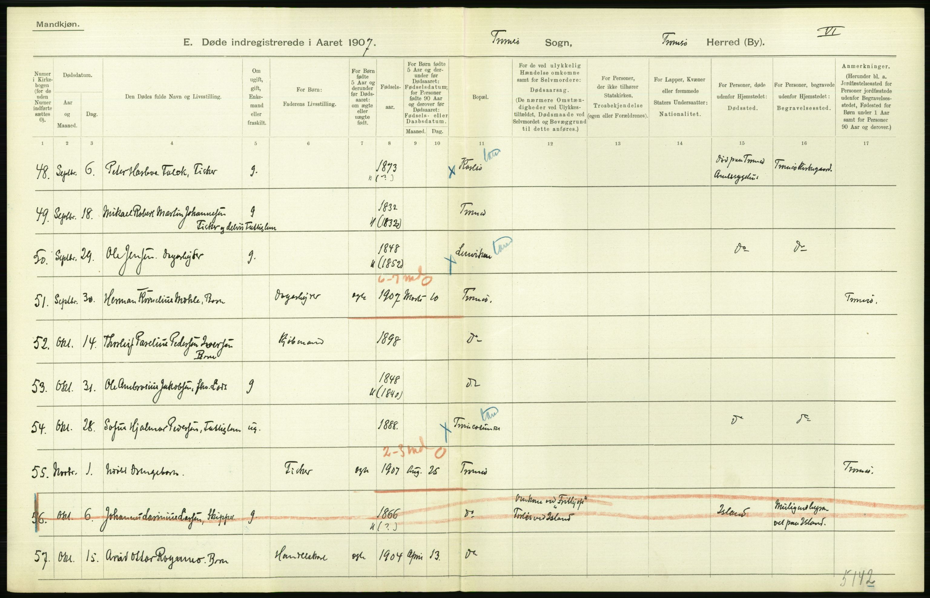 Statistisk sentralbyrå, Sosiodemografiske emner, Befolkning, AV/RA-S-2228/D/Df/Dfa/Dfae/L0047: Tromsø amt: Gifte, døde, dødfødte. Bygder og byer., 1907, s. 416