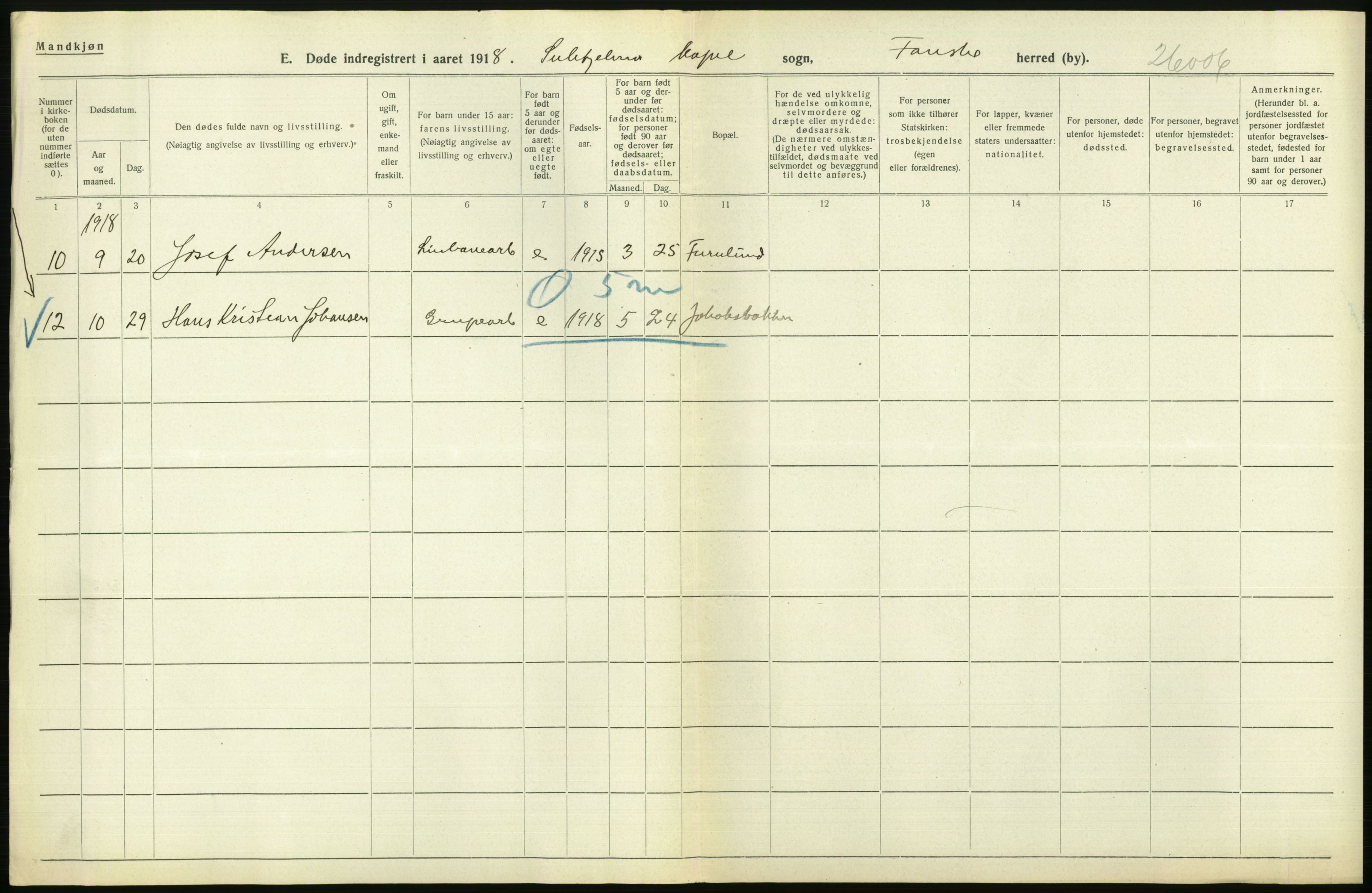 Statistisk sentralbyrå, Sosiodemografiske emner, Befolkning, AV/RA-S-2228/D/Df/Dfb/Dfbh/L0055: Nordland fylke: Døde. Bygder og byer., 1918, s. 322