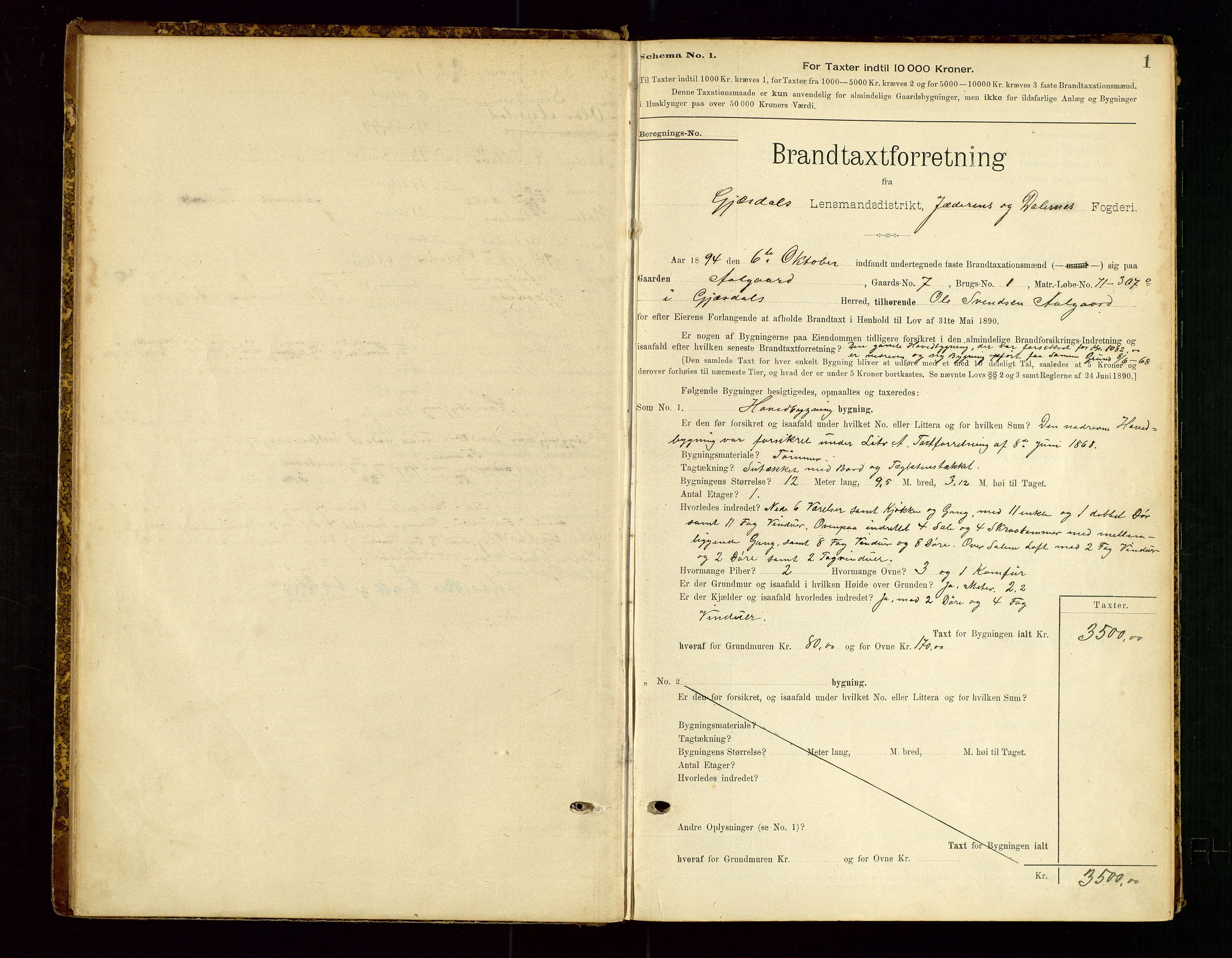 Gjesdal lensmannskontor, SAST/A-100441/Go/L0007: Branntakstskjemaprotokoll, 1894-1937, s. 1