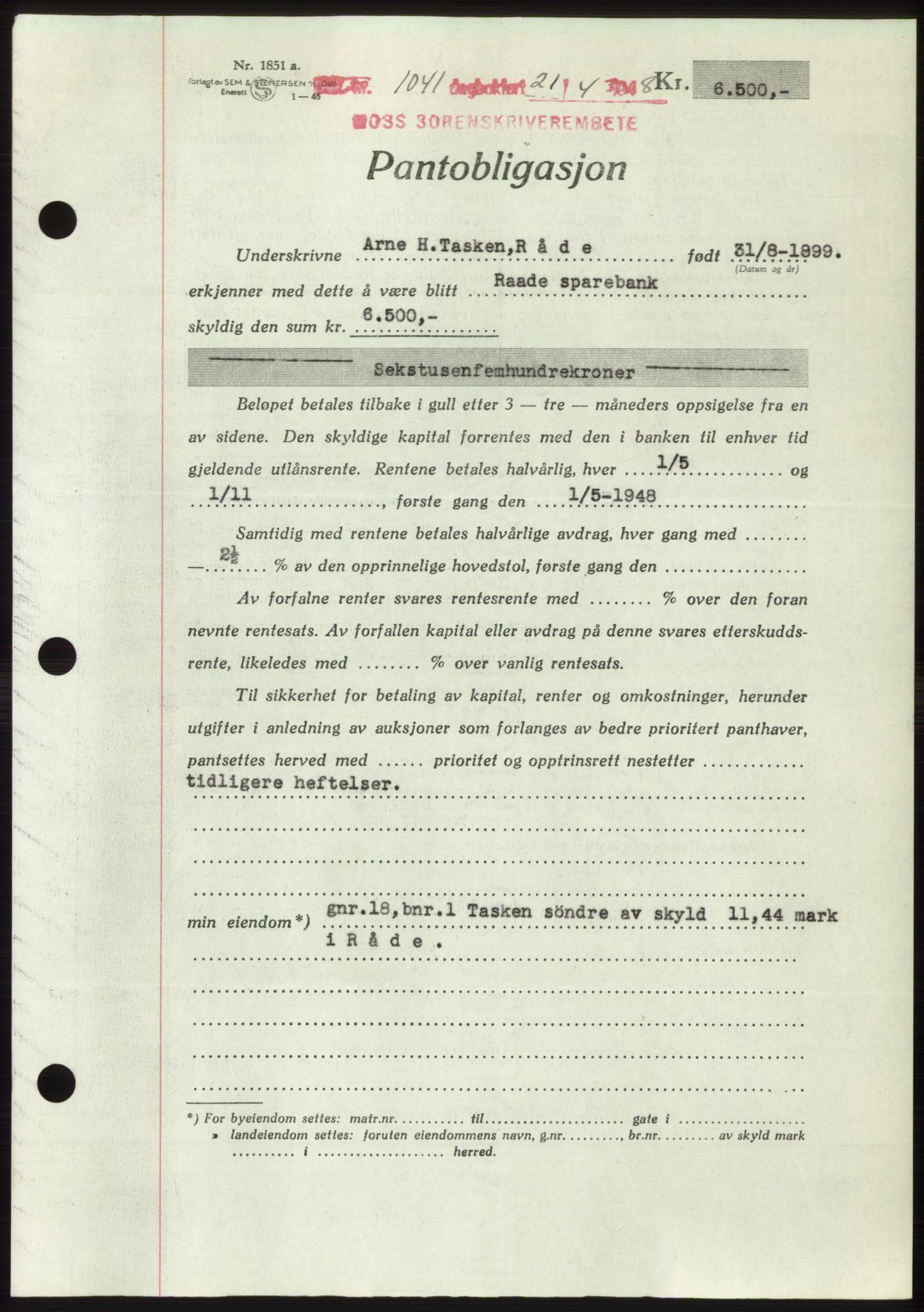 Moss sorenskriveri, SAO/A-10168: Pantebok nr. B19, 1948-1948, Dagboknr: 1041/1948