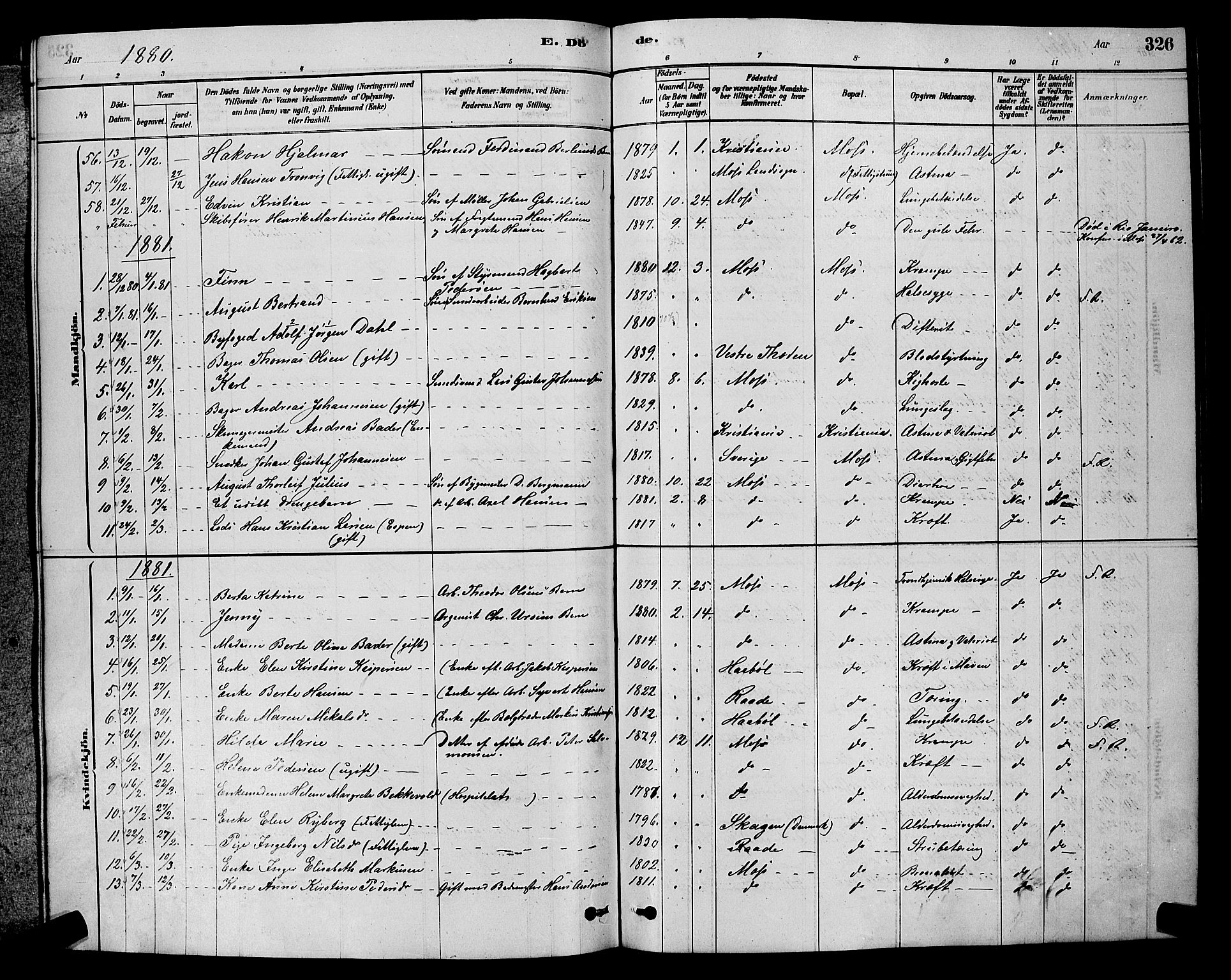 Moss prestekontor Kirkebøker, AV/SAO-A-2003/G/Ga/L0005: Klokkerbok nr. I 5, 1878-1888, s. 326