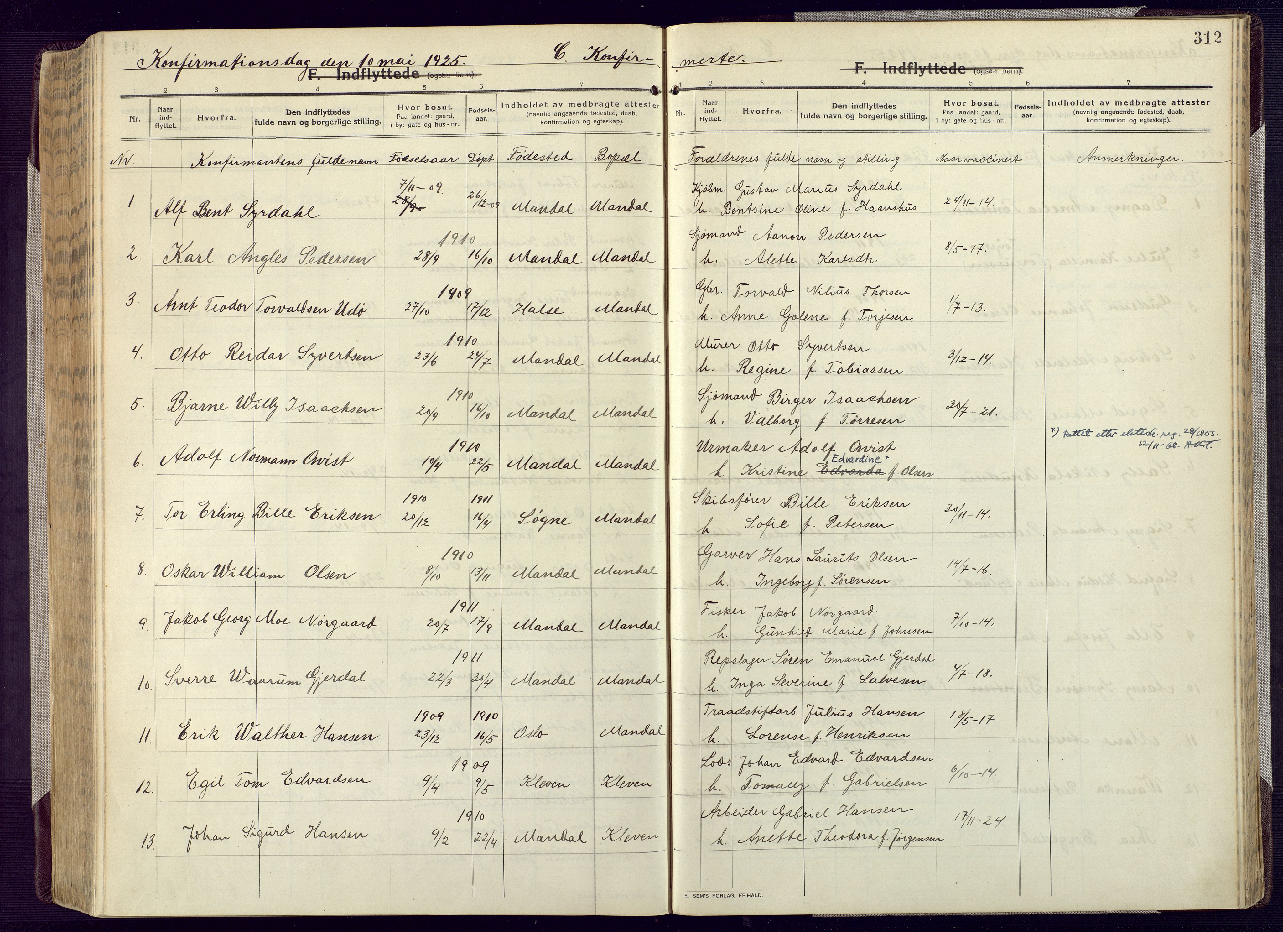 Mandal sokneprestkontor, AV/SAK-1111-0030/F/Fa/Fac/L0001: Ministerialbok nr. A 1, 1913-1925, s. 312
