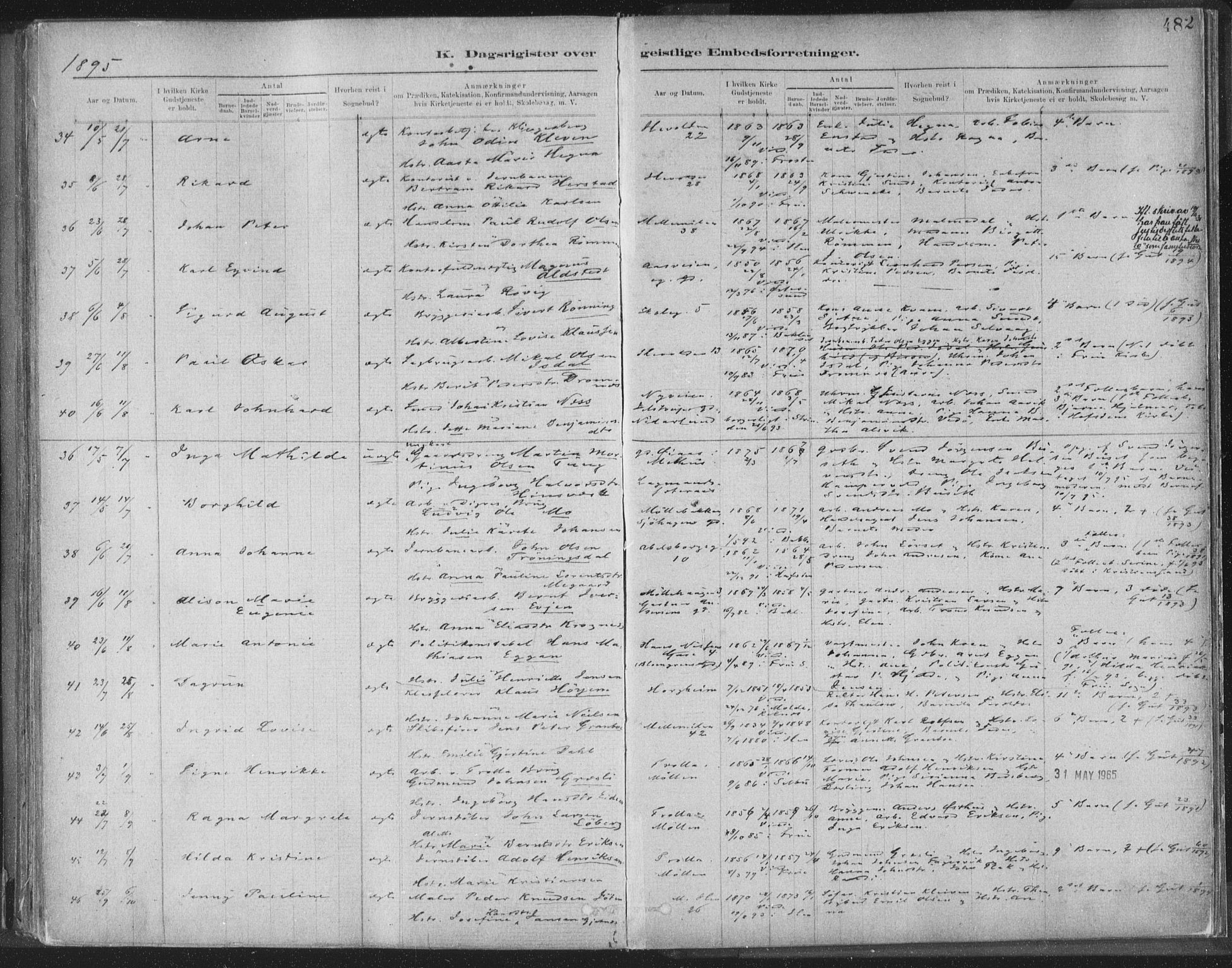 Ministerialprotokoller, klokkerbøker og fødselsregistre - Sør-Trøndelag, SAT/A-1456/603/L0163: Ministerialbok nr. 603A02, 1879-1895, s. 482