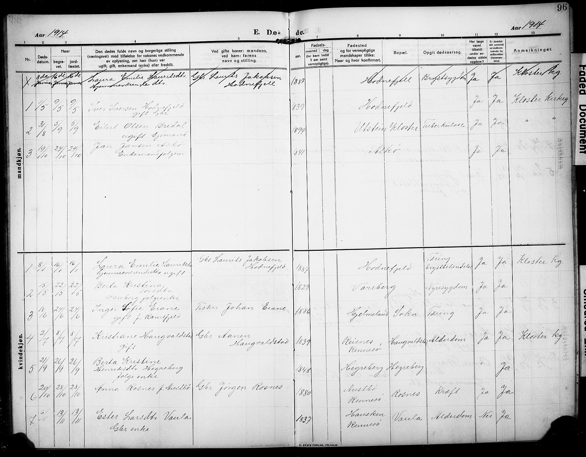 Rennesøy sokneprestkontor, AV/SAST-A -101827/H/Ha/Hab/L0013: Klokkerbok nr. B 12, 1907-1928, s. 96