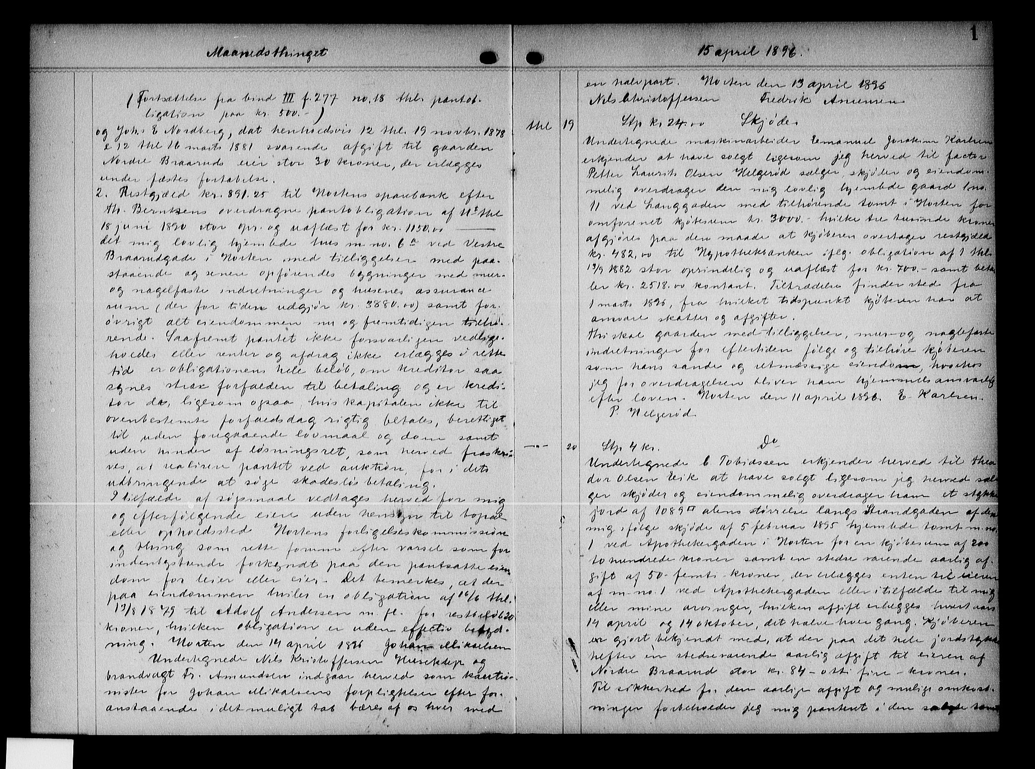 Mellom Jarlsberg sorenskriveri, SAKO/A-132/G/Ga/Gae/L0003: Pantebok nr. V 3, 1896-1900, s. 1