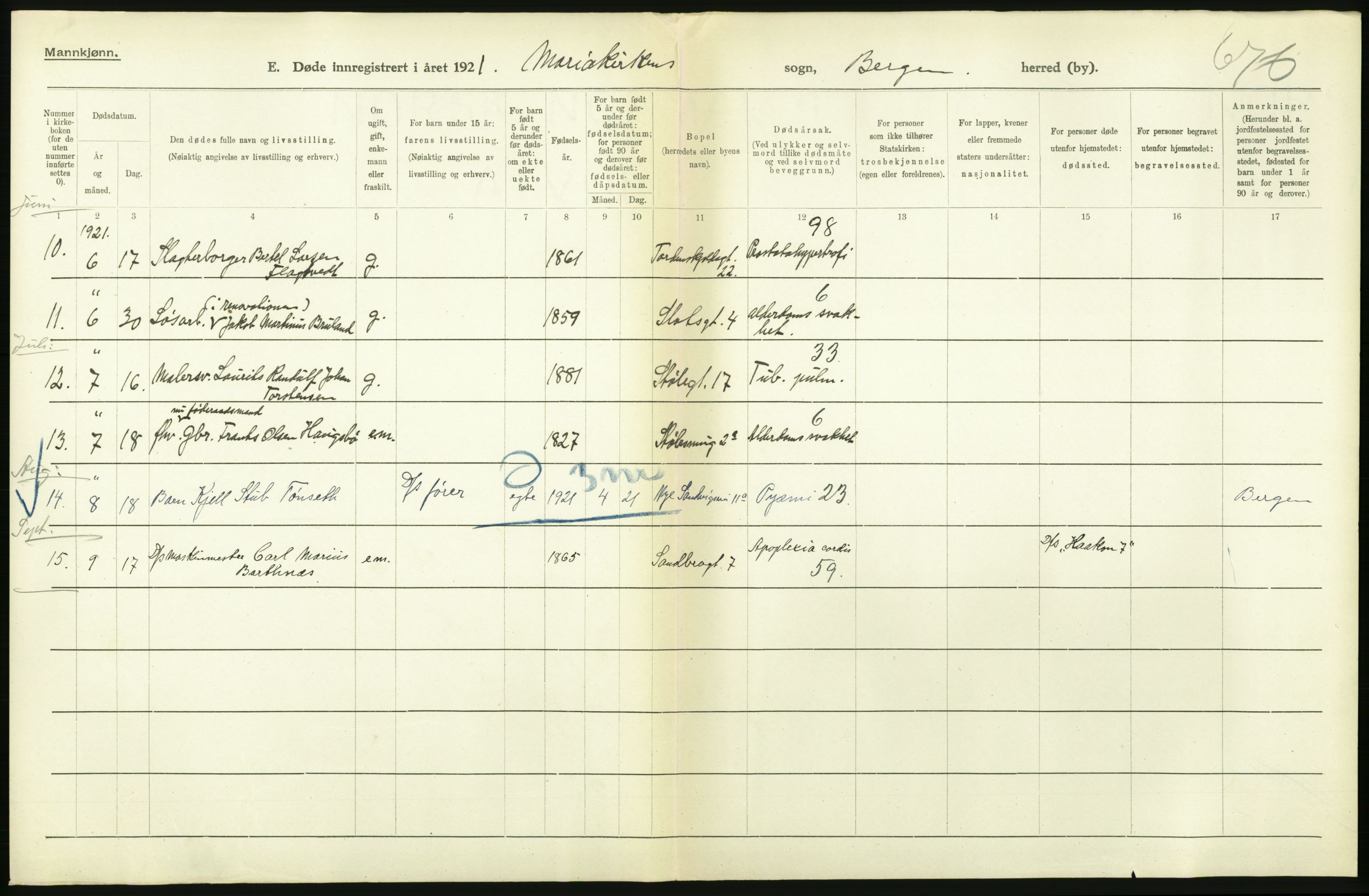 Statistisk sentralbyrå, Sosiodemografiske emner, Befolkning, AV/RA-S-2228/D/Df/Dfc/Dfca/L0036: Bergen: Døde., 1921, s. 86