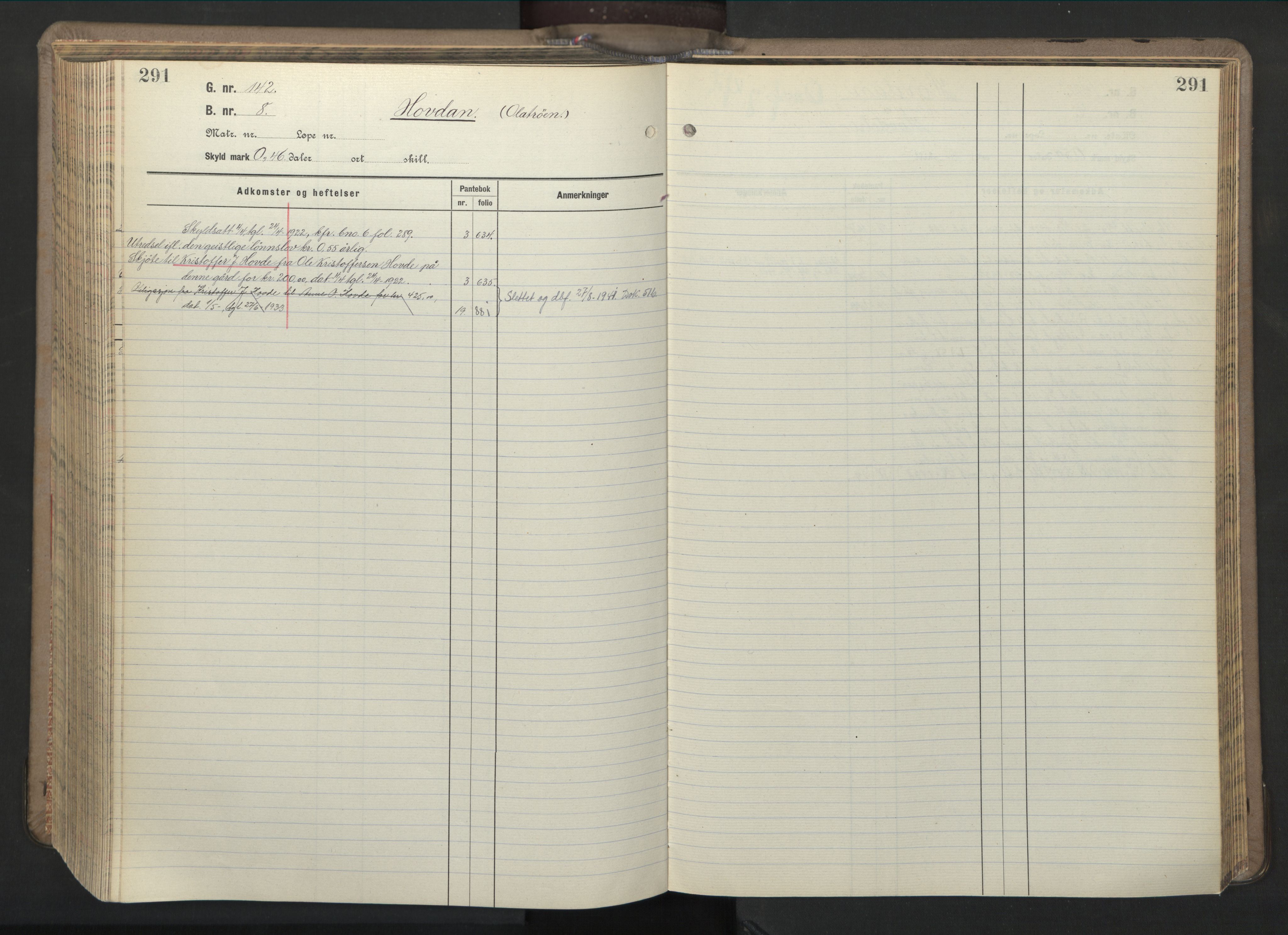Hitra sorenskriveri, AV/SAT-A-0018/2/2A/L0027: Panteregister nr. 27, s. 291