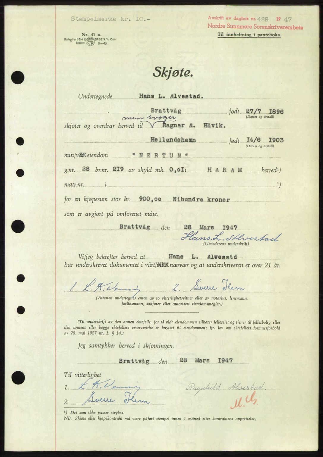 Nordre Sunnmøre sorenskriveri, AV/SAT-A-0006/1/2/2C/2Ca: Pantebok nr. A24, 1947-1947, Dagboknr: 489/1947