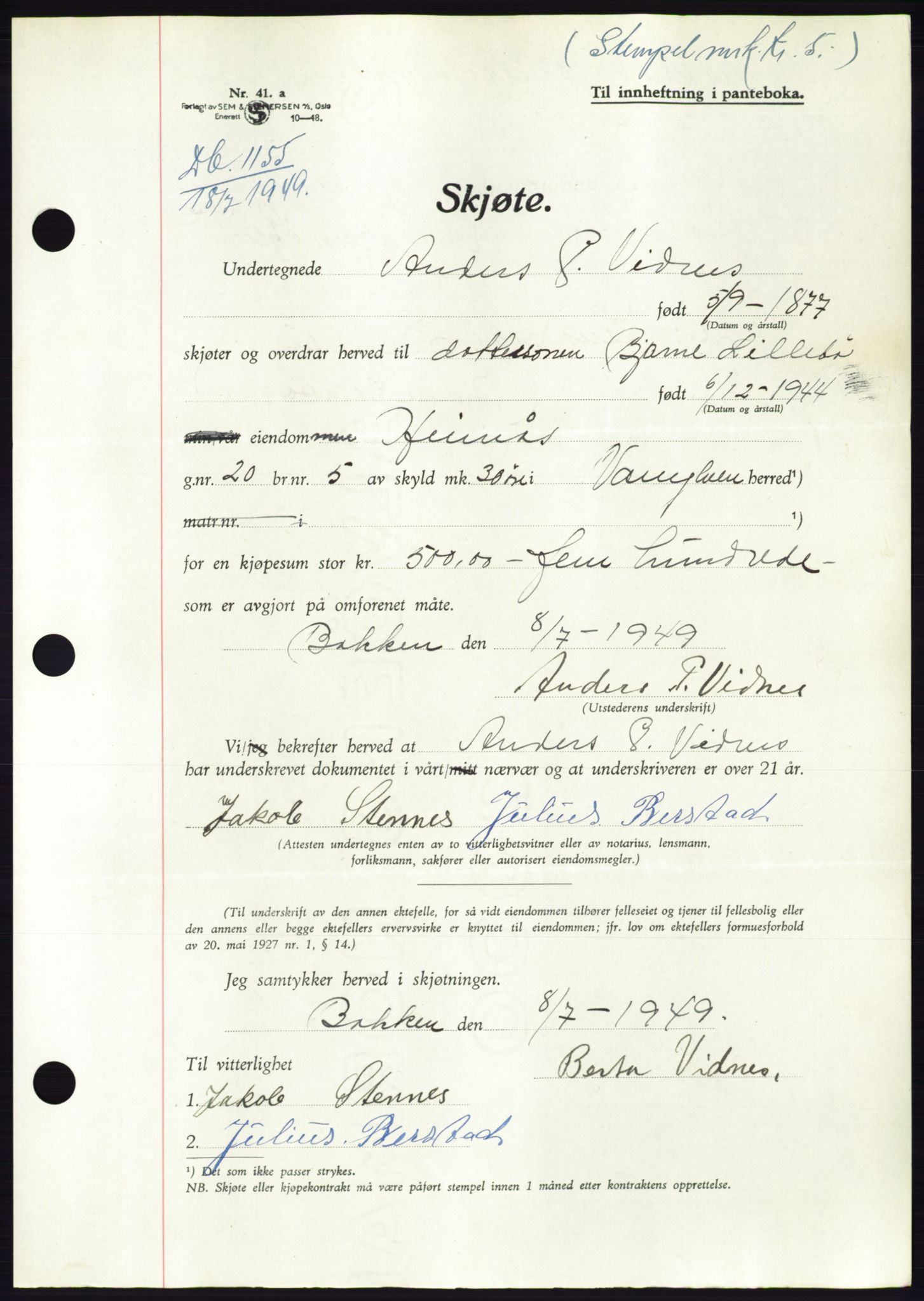 Søre Sunnmøre sorenskriveri, SAT/A-4122/1/2/2C/L0084: Pantebok nr. 10A, 1949-1949, Dagboknr: 1155/1949