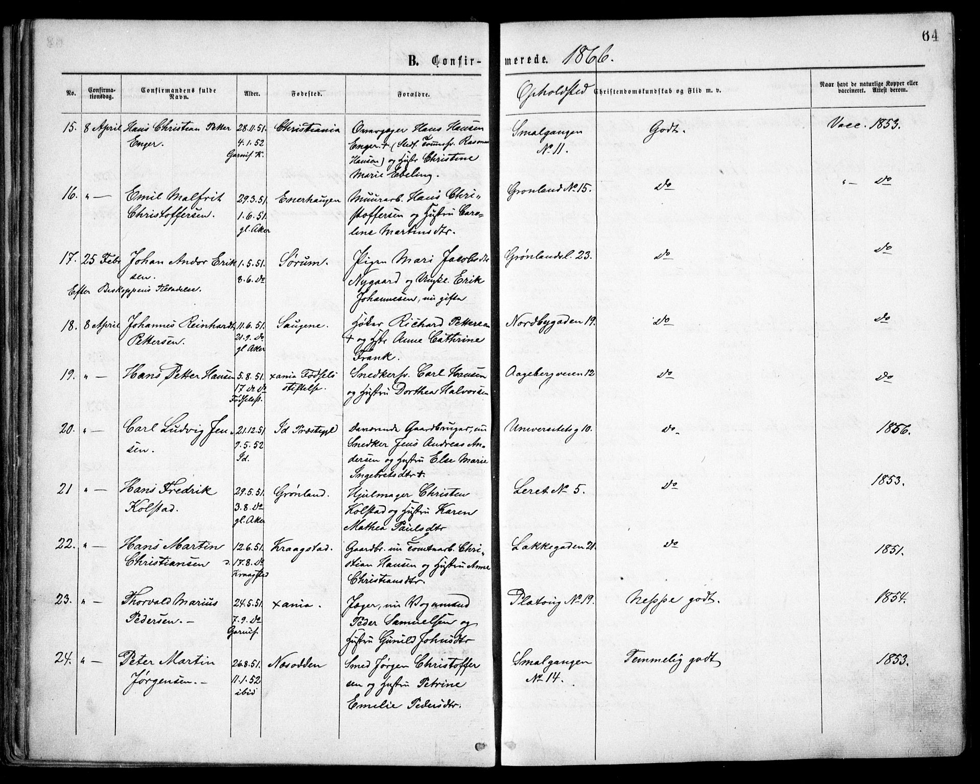 Grønland prestekontor Kirkebøker, AV/SAO-A-10848/F/Fa/L0003: Ministerialbok nr. 3, 1862-1868, s. 64