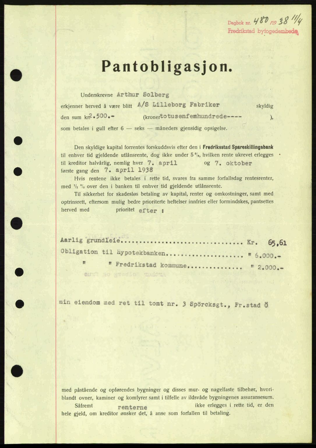 Fredrikstad byfogd, SAO/A-10473a/G/Ga/Gad/L0002: Pantebok nr. B2, 1938-1939, Dagboknr: 480/1938