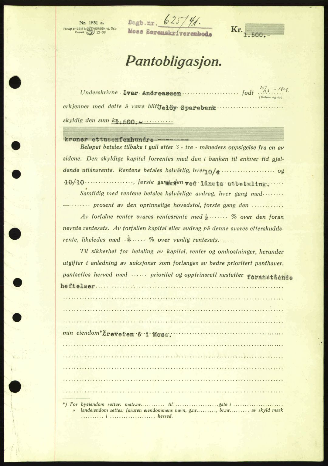 Moss sorenskriveri, SAO/A-10168: Pantebok nr. B10, 1940-1941, Dagboknr: 625/1941