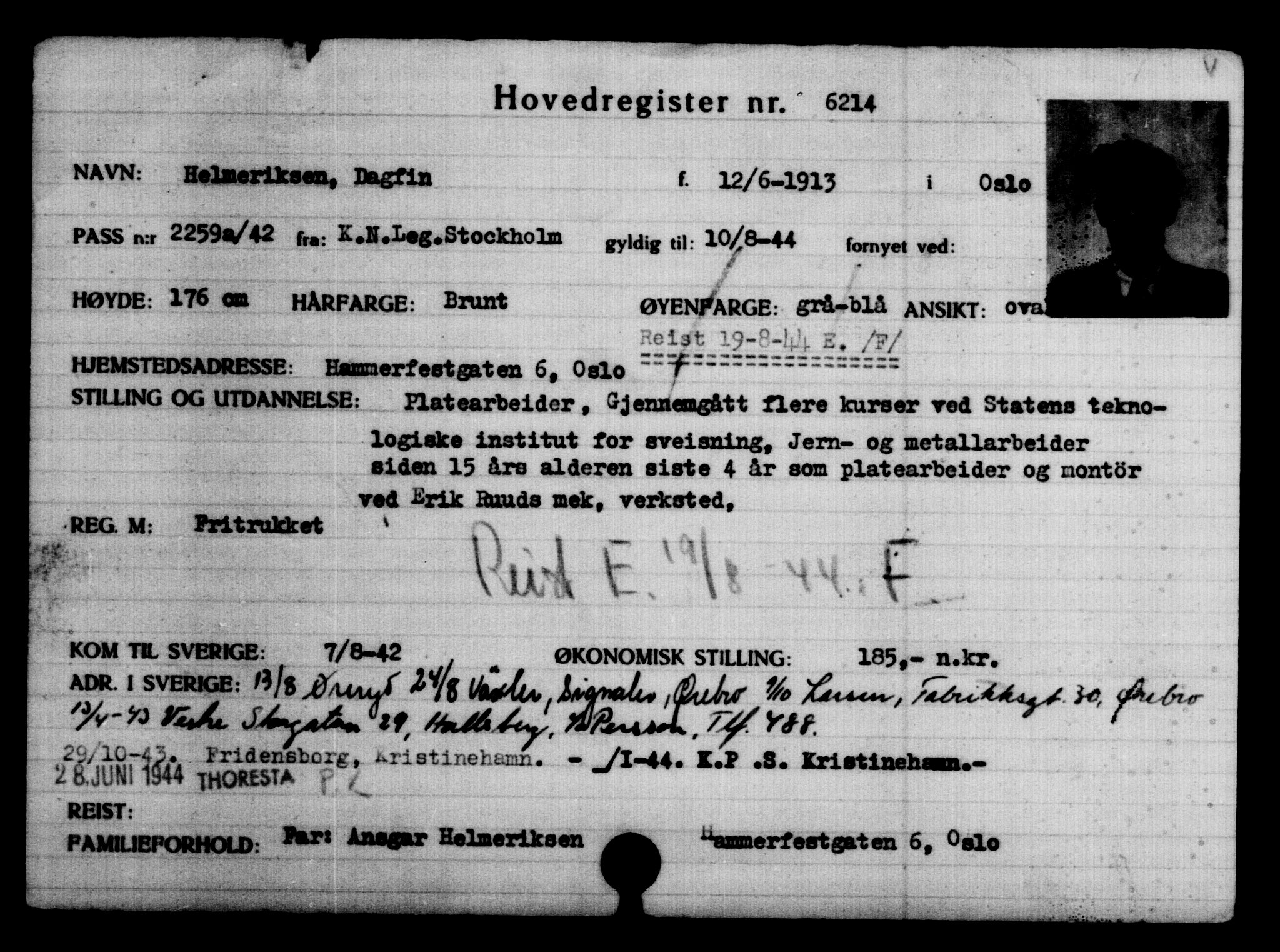 Utenriksstasjonene, Legasjonen i Stockholm, Flyktningkontoret, AV/RA-S-6753/V/Va/L0004: Kjesäterkartoteket, flyktninger med registreringsnr. 3496-6610, 1940-1945, s. 3196