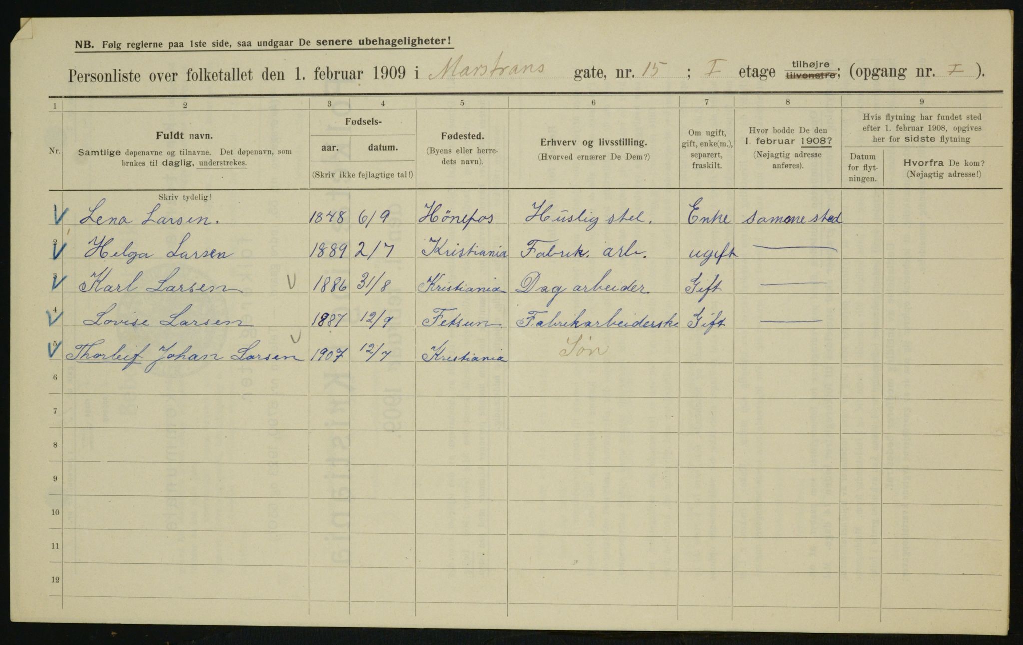 OBA, Kommunal folketelling 1.2.1909 for Kristiania kjøpstad, 1909, s. 58761