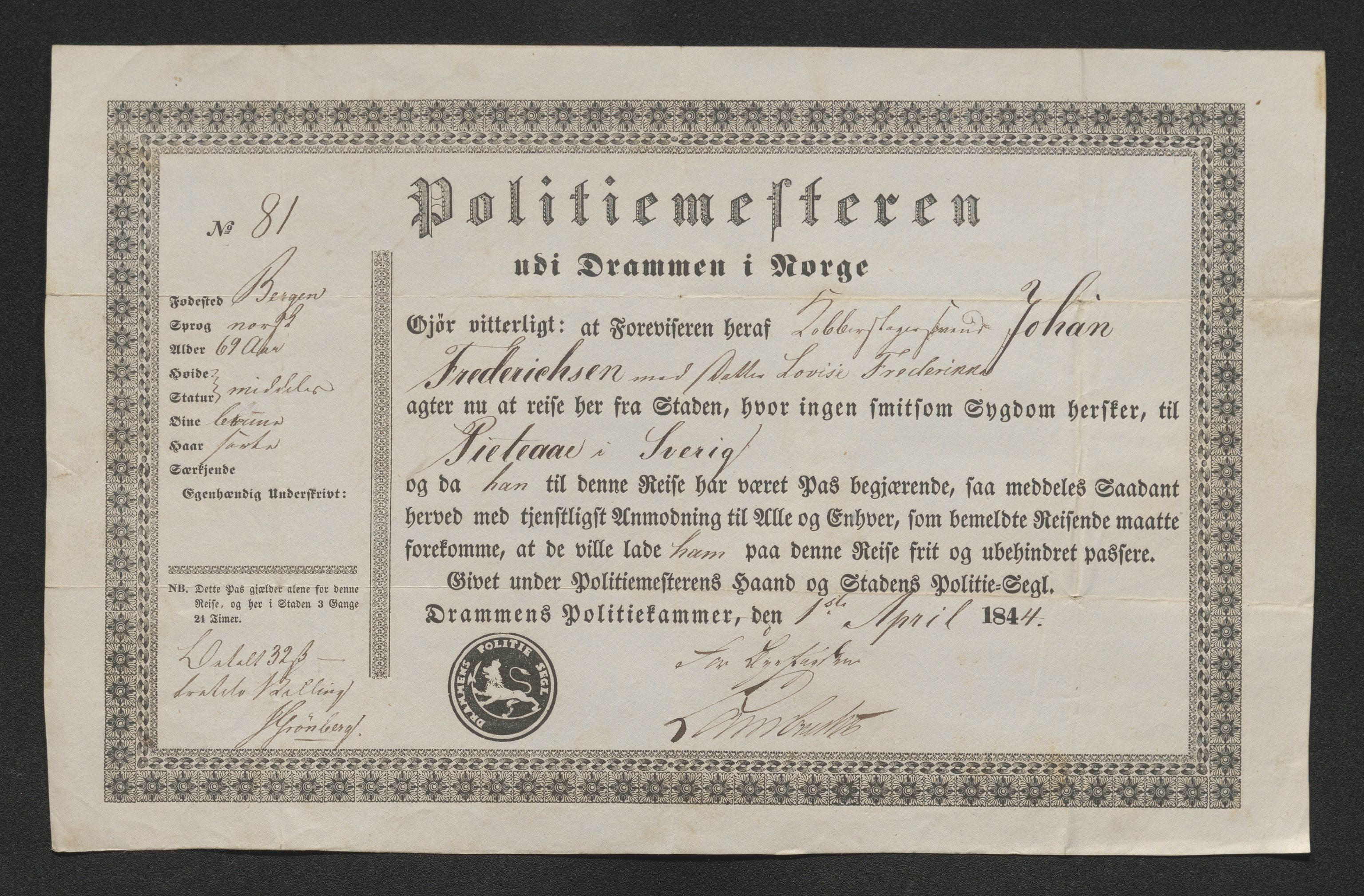 Drammen politikammer, SAKO/A-623/I/Ia/Iab/L0007: Innleverte pass, 1843-1844, s. 583