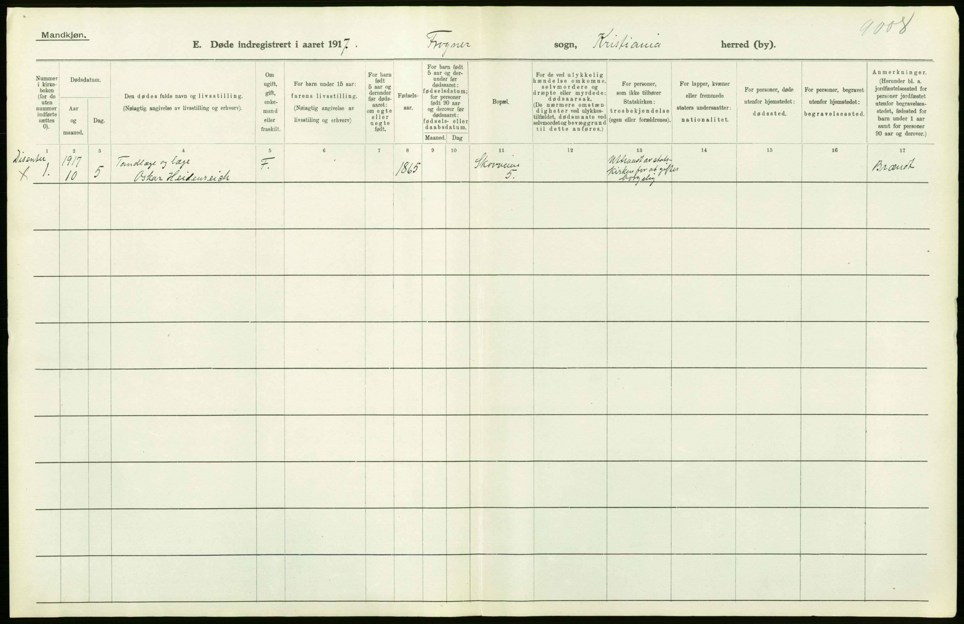 Statistisk sentralbyrå, Sosiodemografiske emner, Befolkning, AV/RA-S-2228/D/Df/Dfb/Dfbg/L0010: Kristiania: Døde, 1917, s. 486