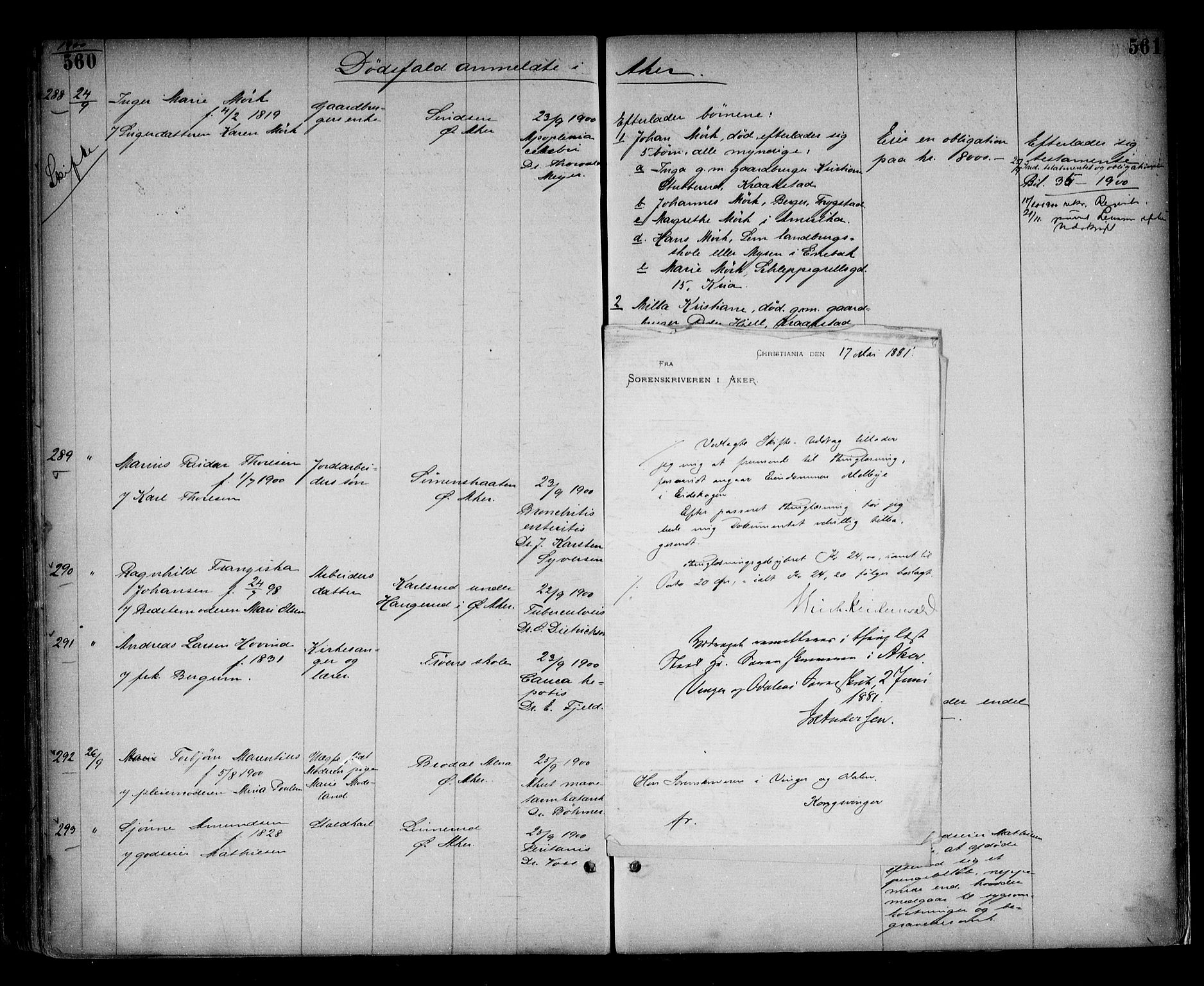Aker sorenskriveri, SAO/A-10895/H/Ha/Haa/L0007: Dødsanmeldelsesprotokoll, 1886-1901, s. 560-561