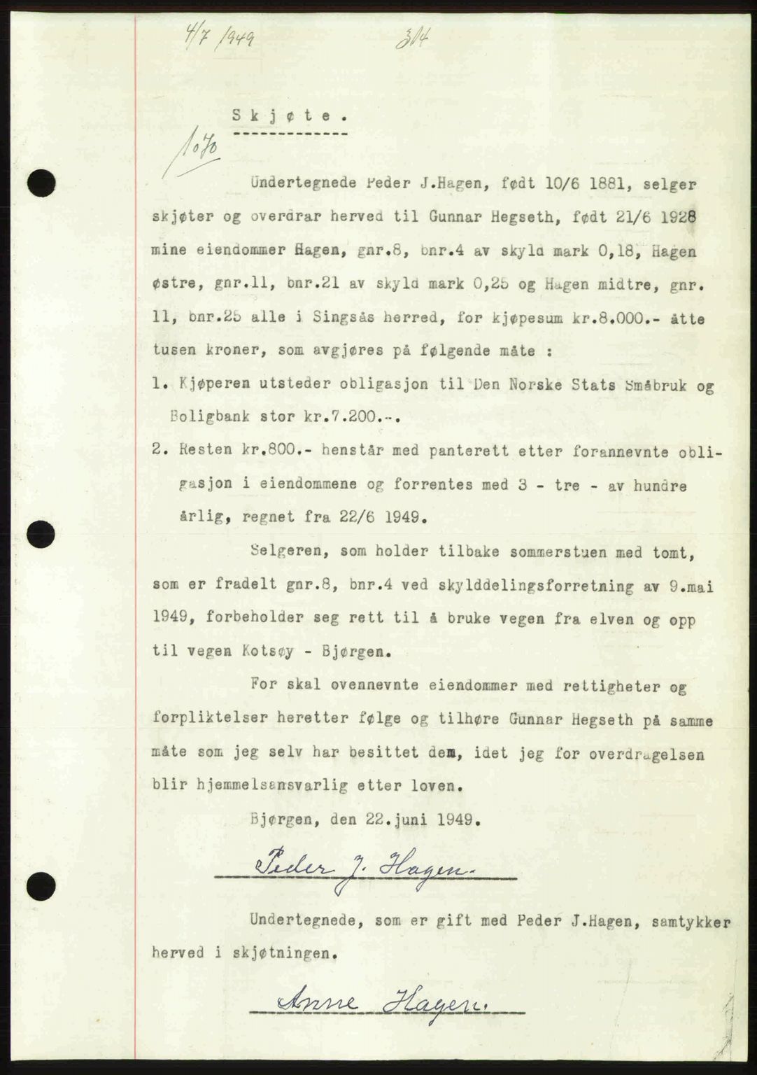 Gauldal sorenskriveri, SAT/A-0014/1/2/2C: Pantebok nr. A8, 1949-1949, Dagboknr: 1070/1949