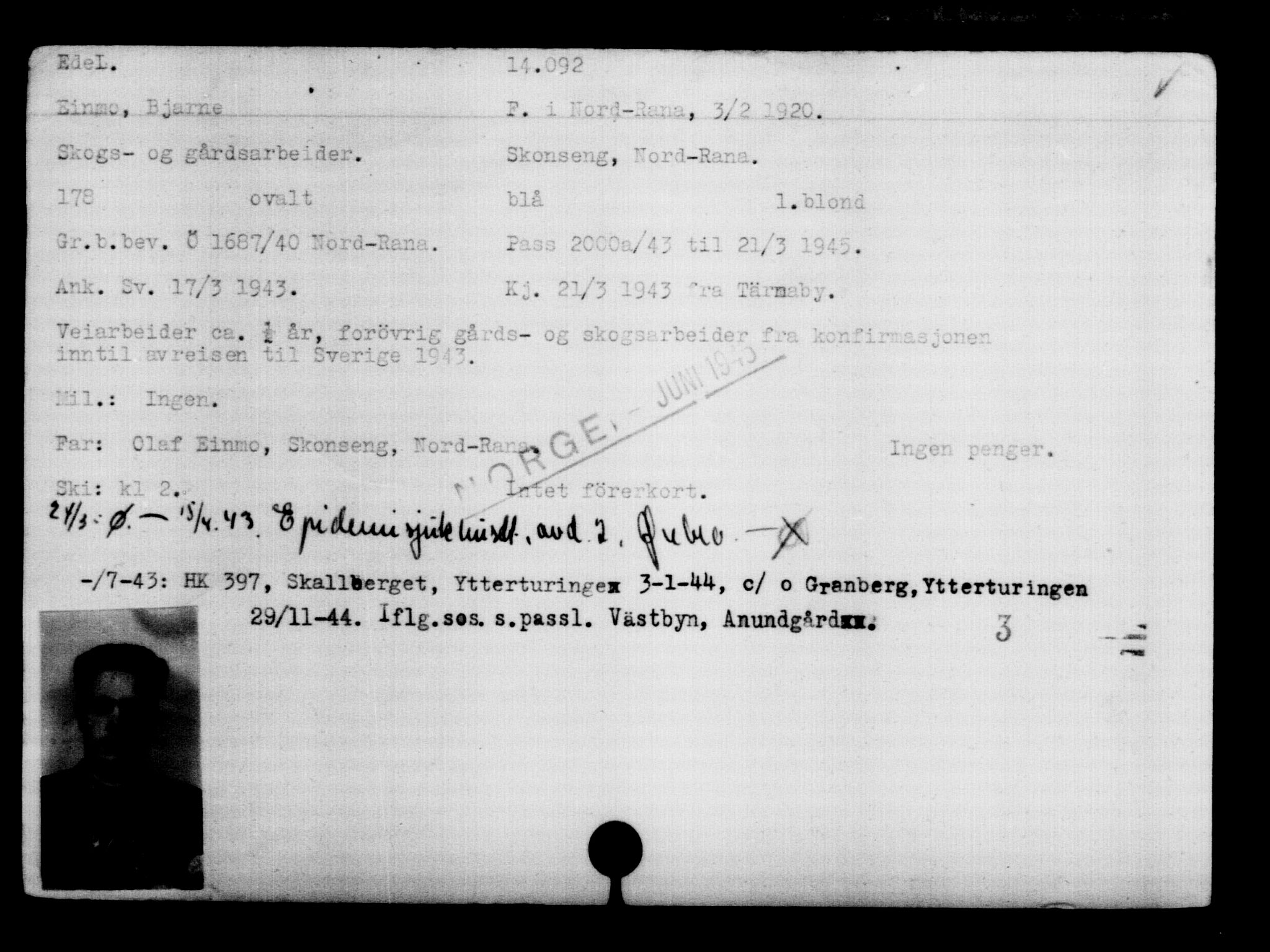Den Kgl. Norske Legasjons Flyktningskontor, AV/RA-S-6753/V/Va/L0007: Kjesäterkartoteket.  Flyktningenr. 12700-15723, 1940-1945, s. 1607