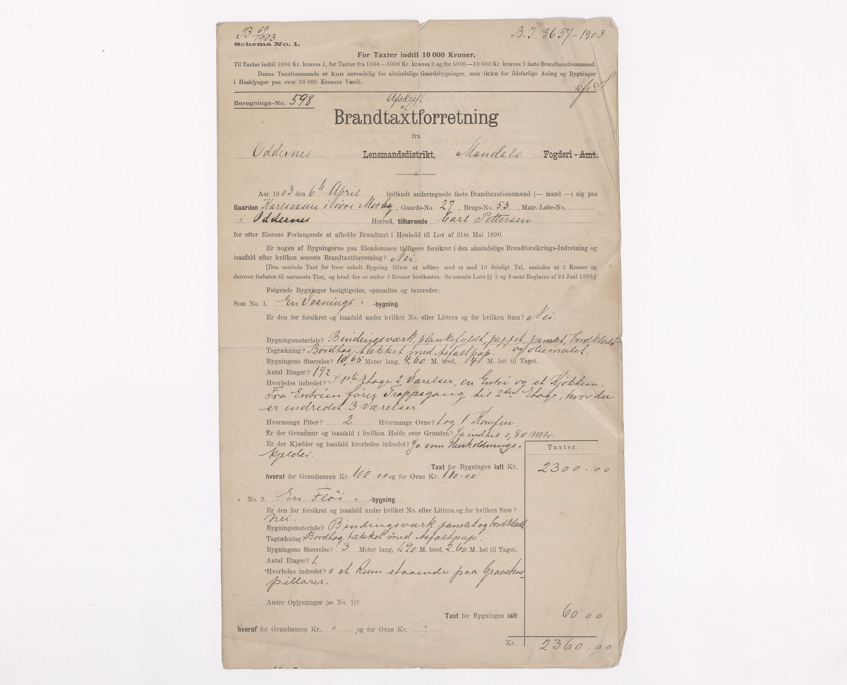 Norges Brannkasse Oddernes, SAK/2241-0042/F/Fa/L0012: Branntakstprotokoll nr. 12, 1909-1911