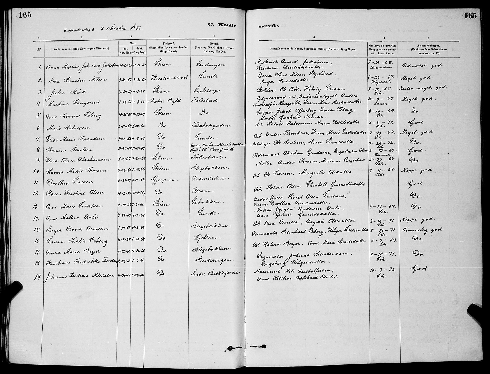 Skien kirkebøker, AV/SAKO-A-302/G/Ga/L0006: Klokkerbok nr. 6, 1881-1890, s. 165