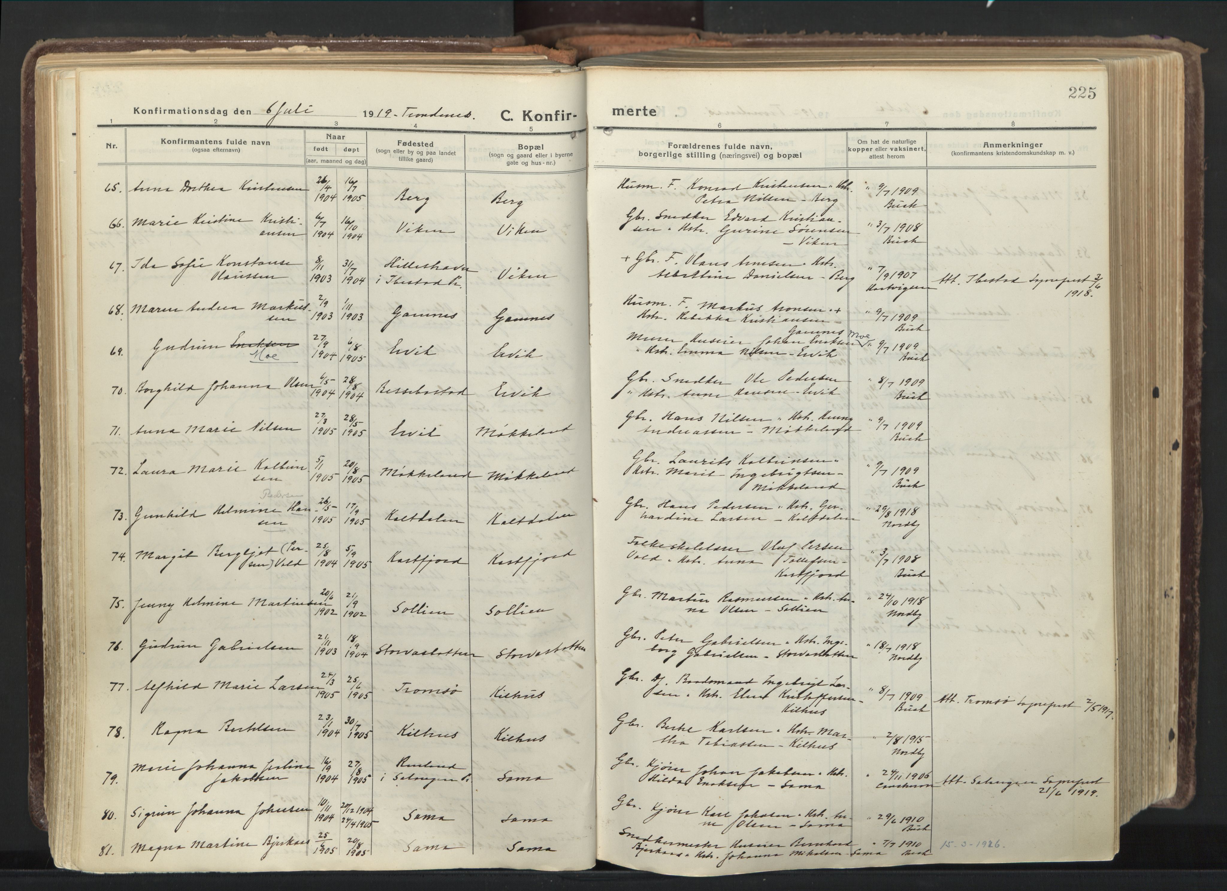 Trondenes sokneprestkontor, AV/SATØ-S-1319/H/Ha/L0019kirke: Ministerialbok nr. 19, 1919-1928, s. 225
