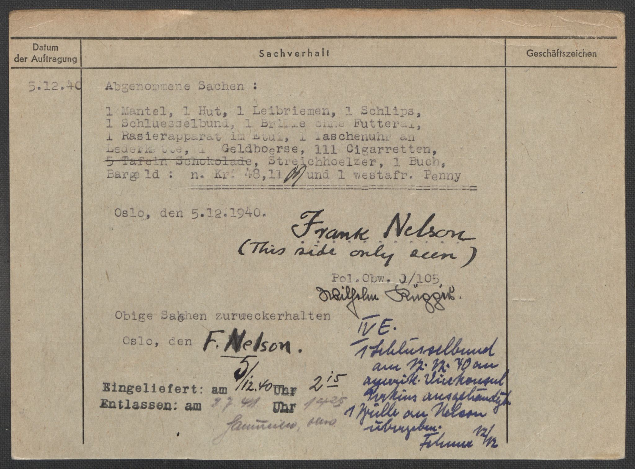 Befehlshaber der Sicherheitspolizei und des SD, AV/RA-RAFA-5969/E/Ea/Eaa/L0007: Register over norske fanger i Møllergata 19: Lundb-N, 1940-1945, s. 1005